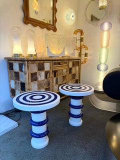 Contemporary Pair of Blue and White Ceramic Stripe Side Tables. Italy