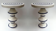 Contemporary Pair of Blue and White Ceramic Stripe Side Tables. Italy