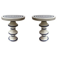 Contemporary Pair of Blue and White Ceramic Stripe Side Tables. Italy