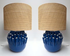 Contemporary Pair of Blue Anemone Ceramic Lamps. Italie