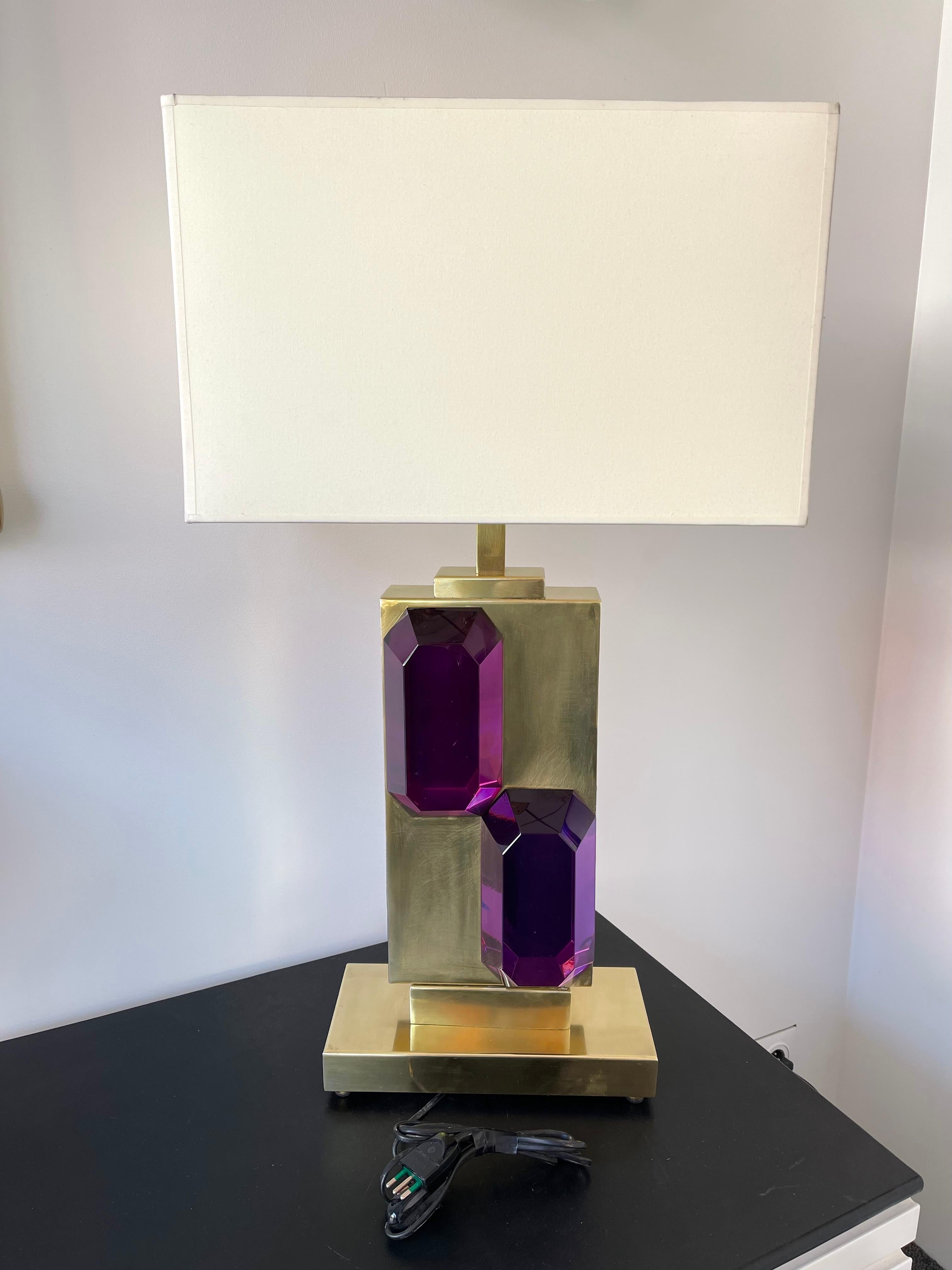 Contemporary Pair of Brass and Amethyst Murano Glass Bar Lamps, Italy For Sale 7