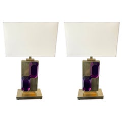 Paire de lampes de bar contemporaines en laiton et verre de Murano en améthyste, Italie