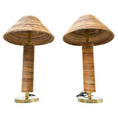 Contemporary Pair of Brass and Bamboo Table Lamp, Italy