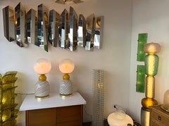 Contemporary Pair of Brass and Berlingo Stripe Murano Glass Lamps, Italy
