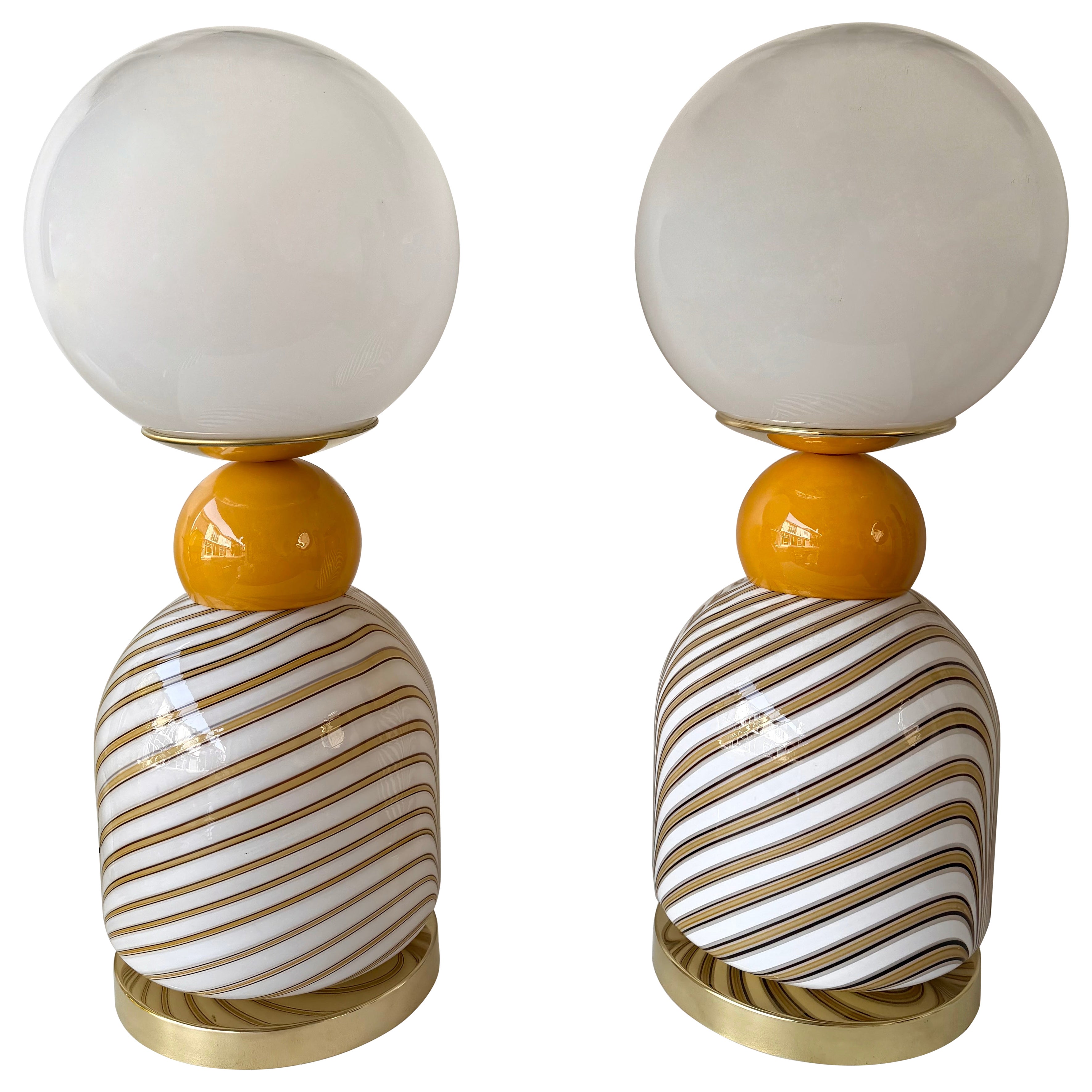 Contemporary Pair of Brass and Berlingo Stripe Murano Glass Lamps, Italy