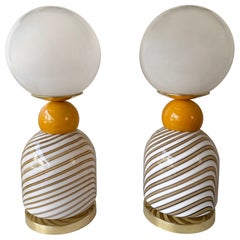 Contemporary Pair of Brass and Berlingo Stripe Murano Glass Lamps, Italy