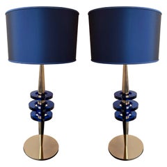 Contemporary Pair of Brass and Blue Murano Glass Disc Lamps, Italy