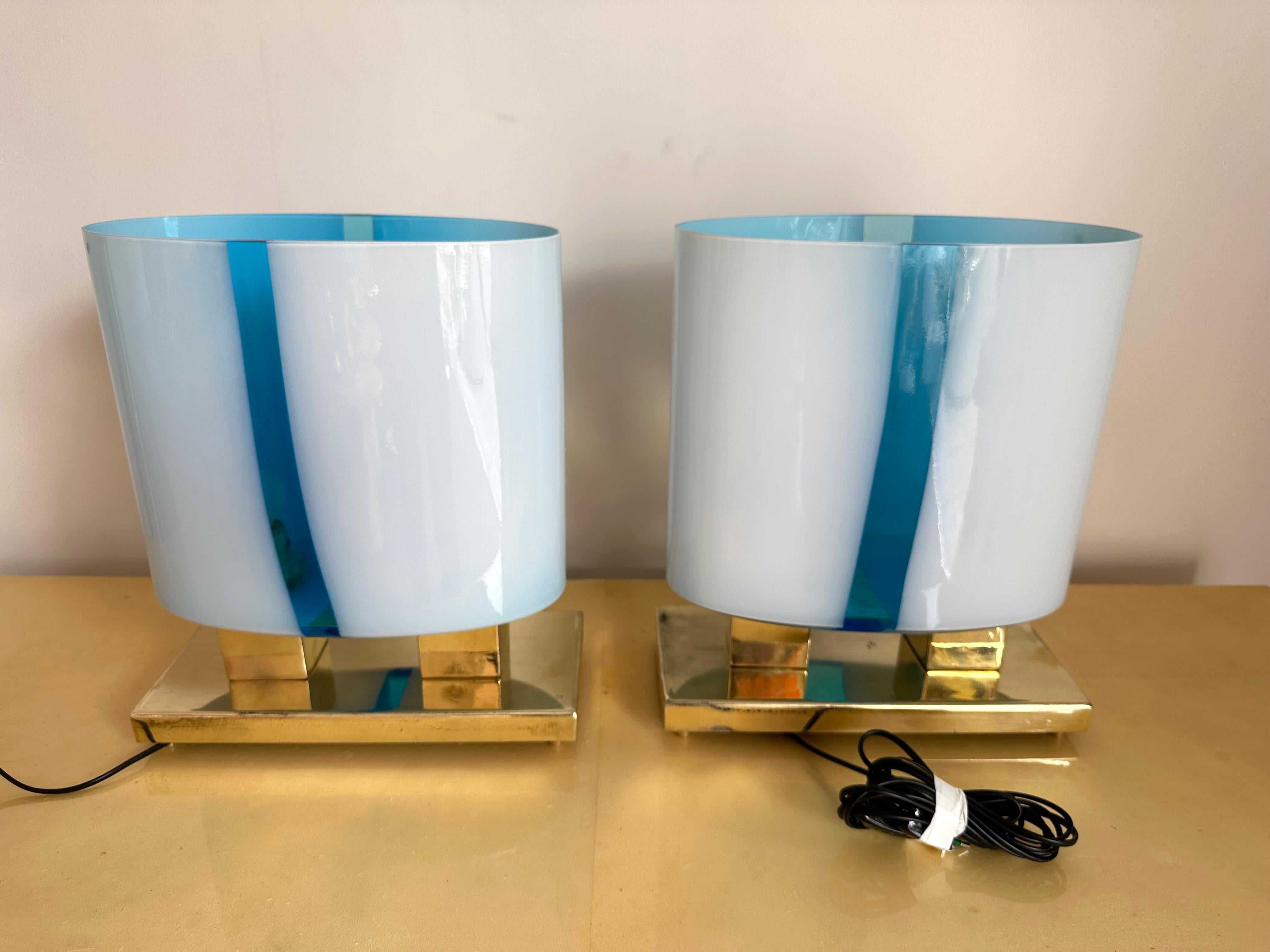 Contemporary Pair of Brass and Blue Murano Glass Lamps, Italy 6