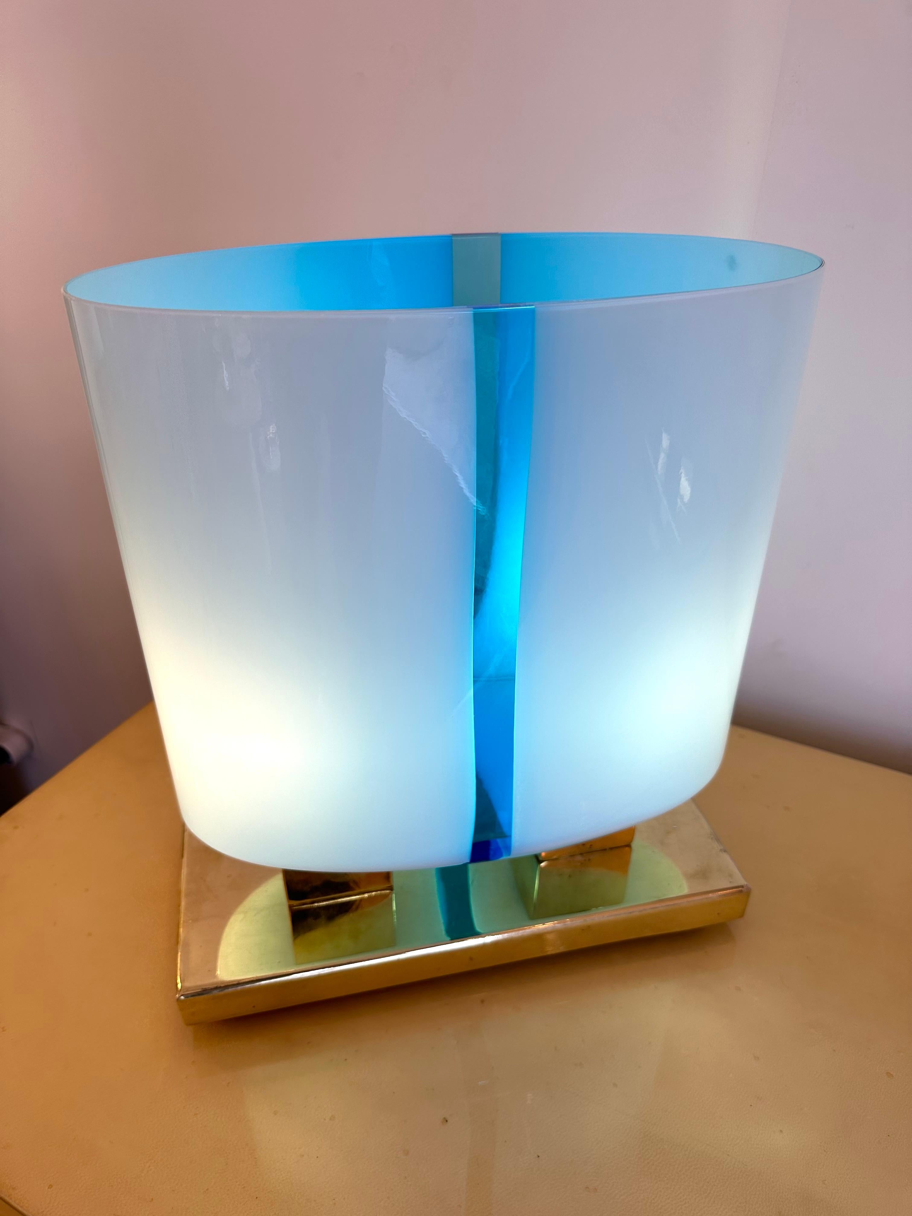 Italian Contemporary Pair of Brass and Blue Murano Glass Lamps, Italy