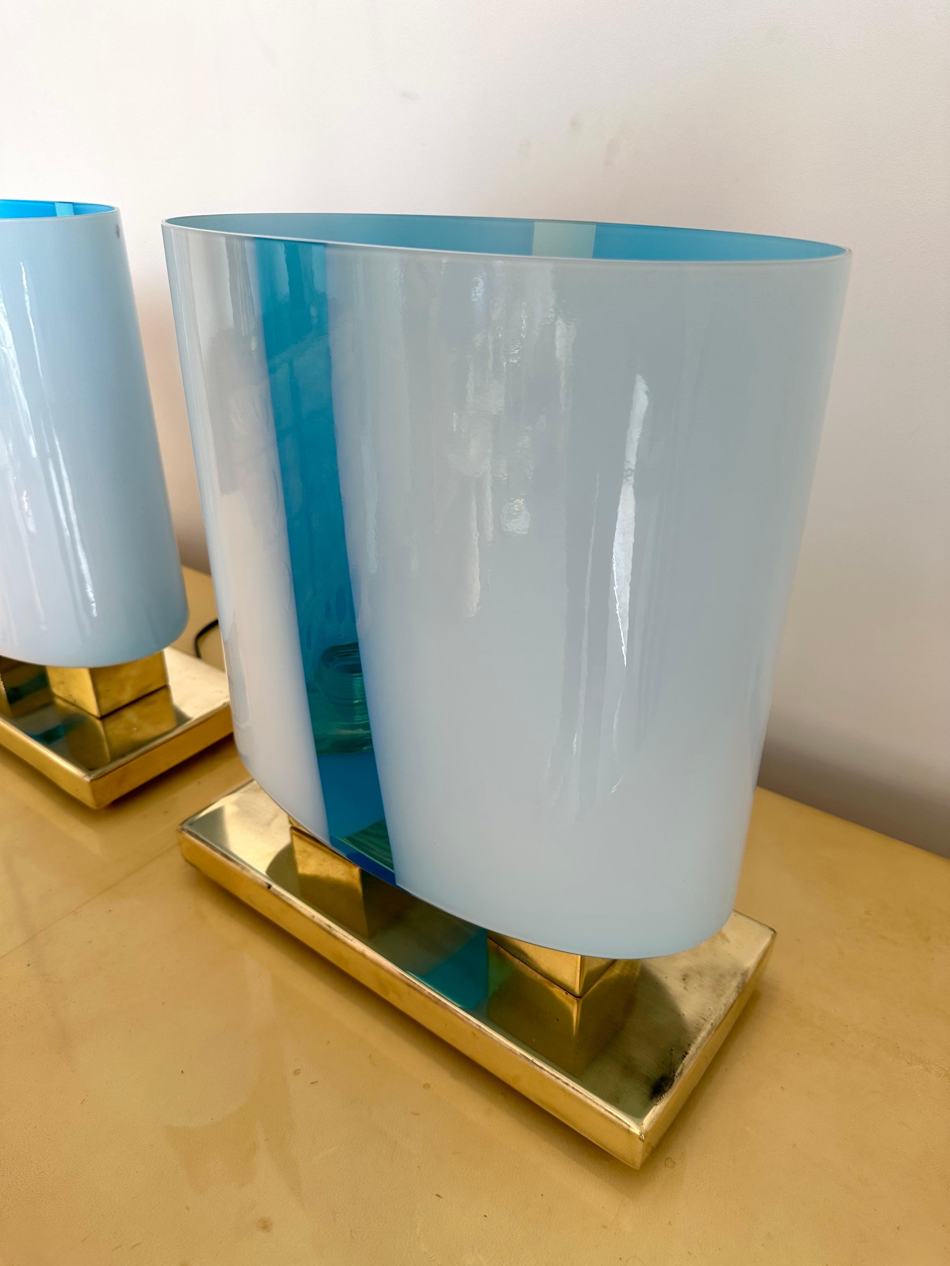 Contemporary Pair of Brass and Blue Murano Glass Lamps, Italy 3