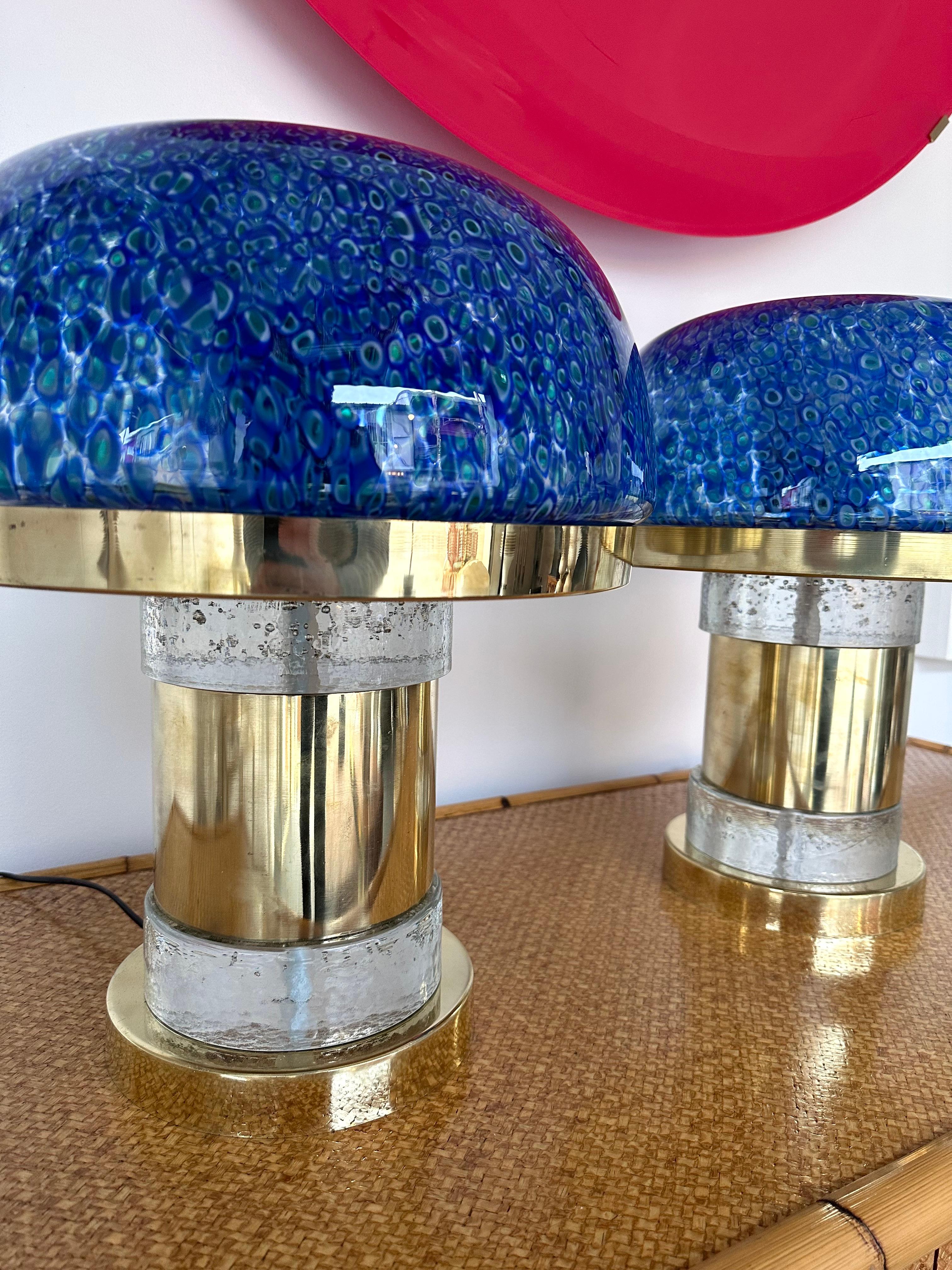 Contemporary Pair of Brass and Blue Murano Glass Mushroom Lamps, Italy 5