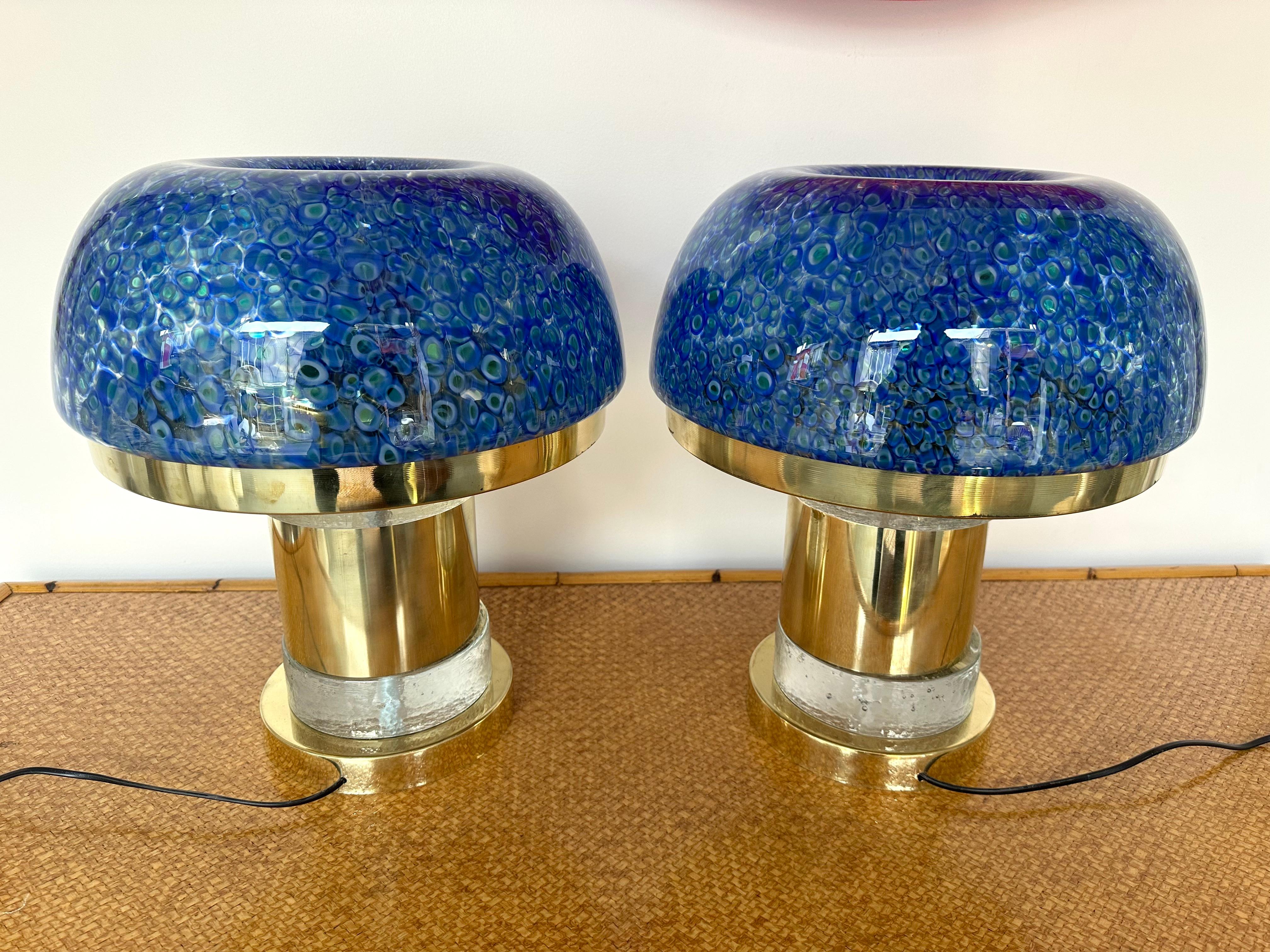 Contemporary Pair of Brass and Blue Murano Glass Mushroom Lamps, Italy 6