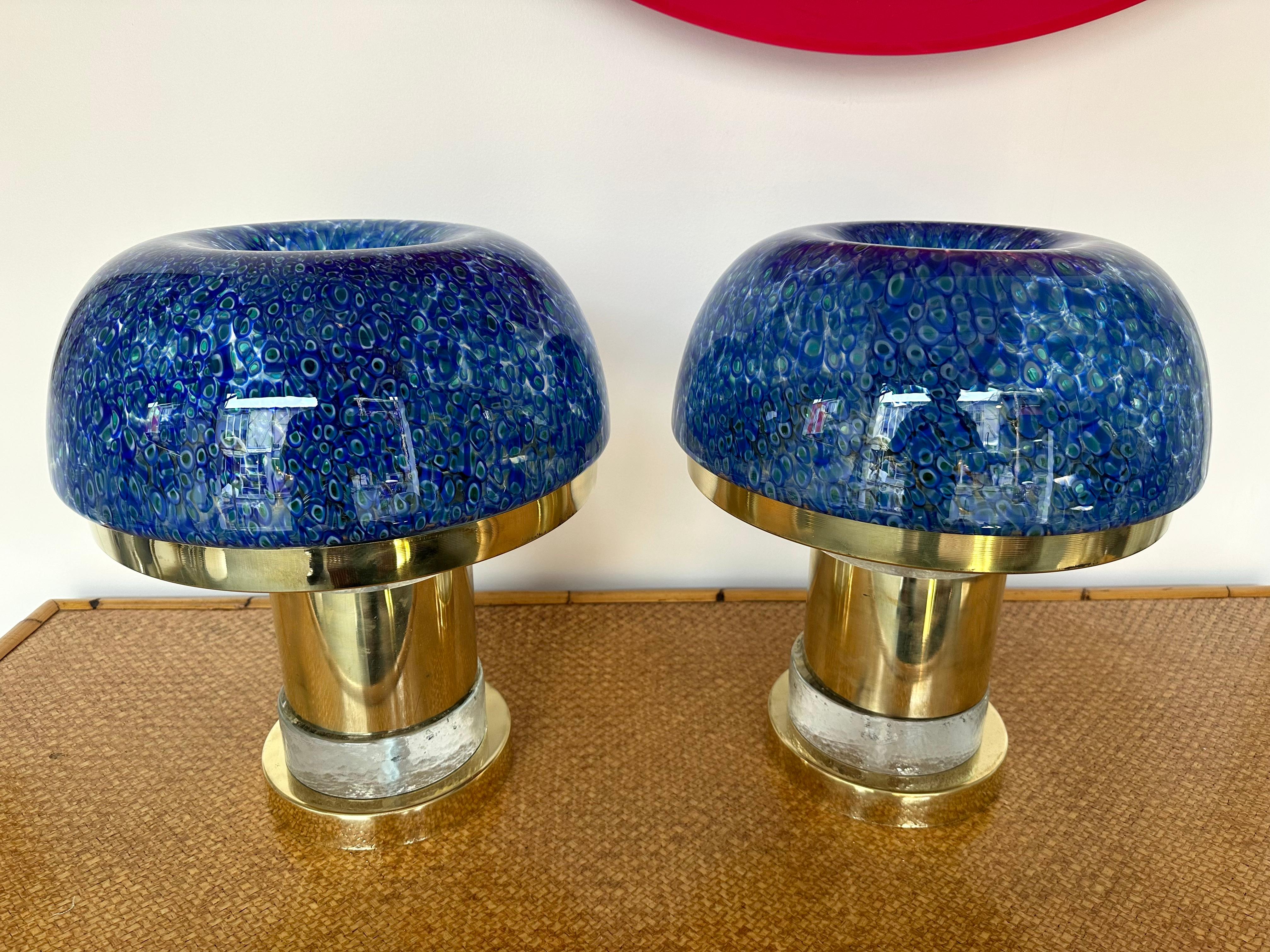 Contemporary Pair of Brass and Blue Murano Glass Mushroom Lamps, Italy 8