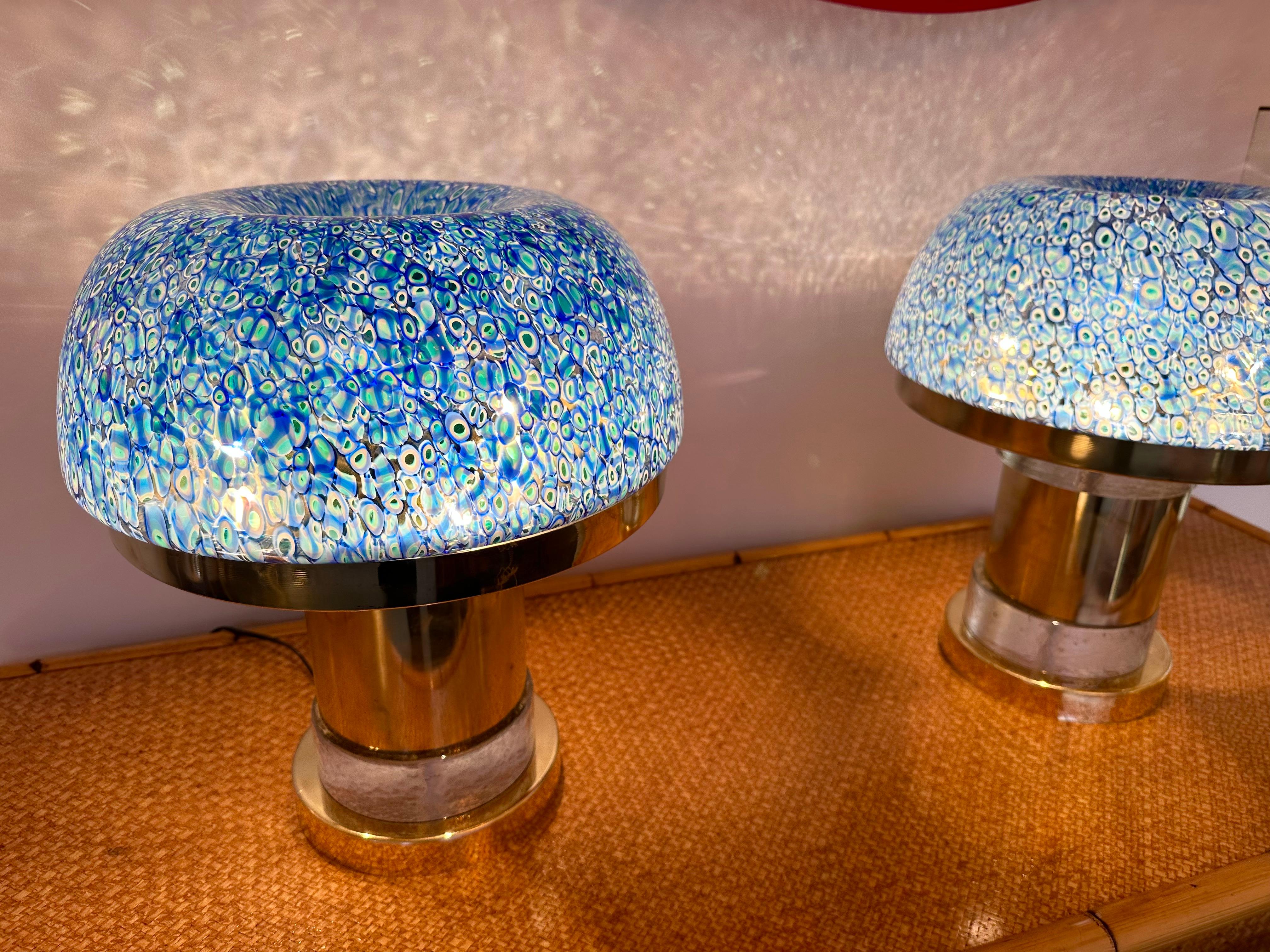 Italian Contemporary Pair of Brass and Blue Murano Glass Mushroom Lamps, Italy