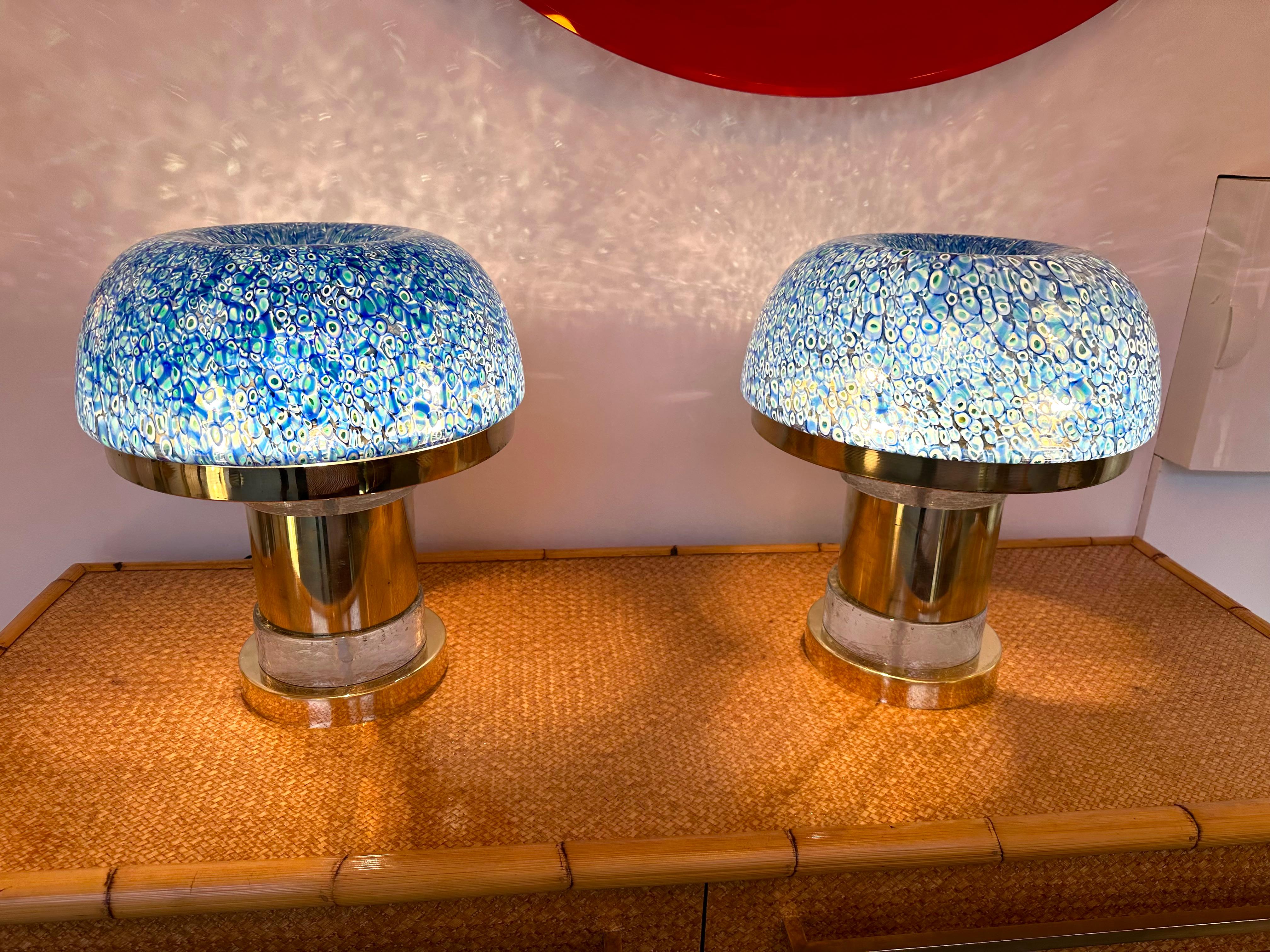 Contemporary Pair of Brass and Blue Murano Glass Mushroom Lamps, Italy In New Condition In SAINT-OUEN, FR