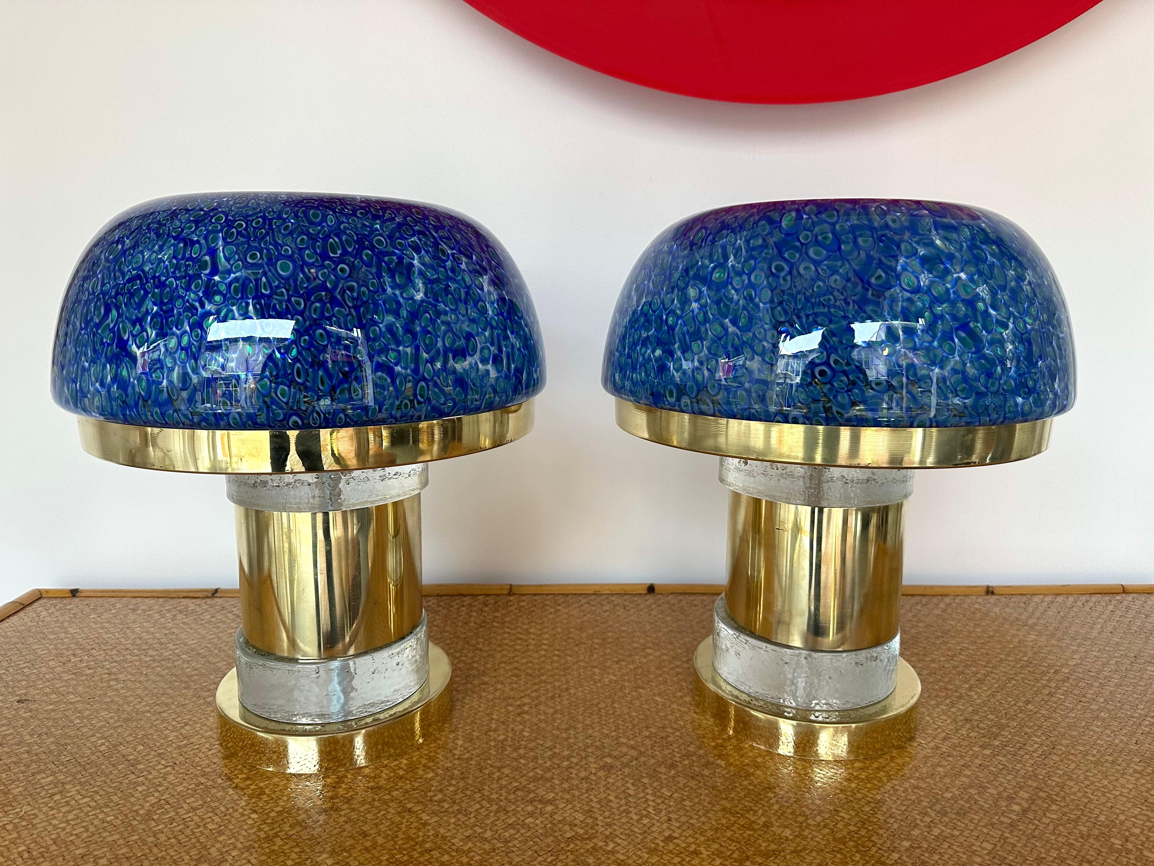 Contemporary Pair of Brass and Blue Murano Glass Mushroom Lamps, Italy 2