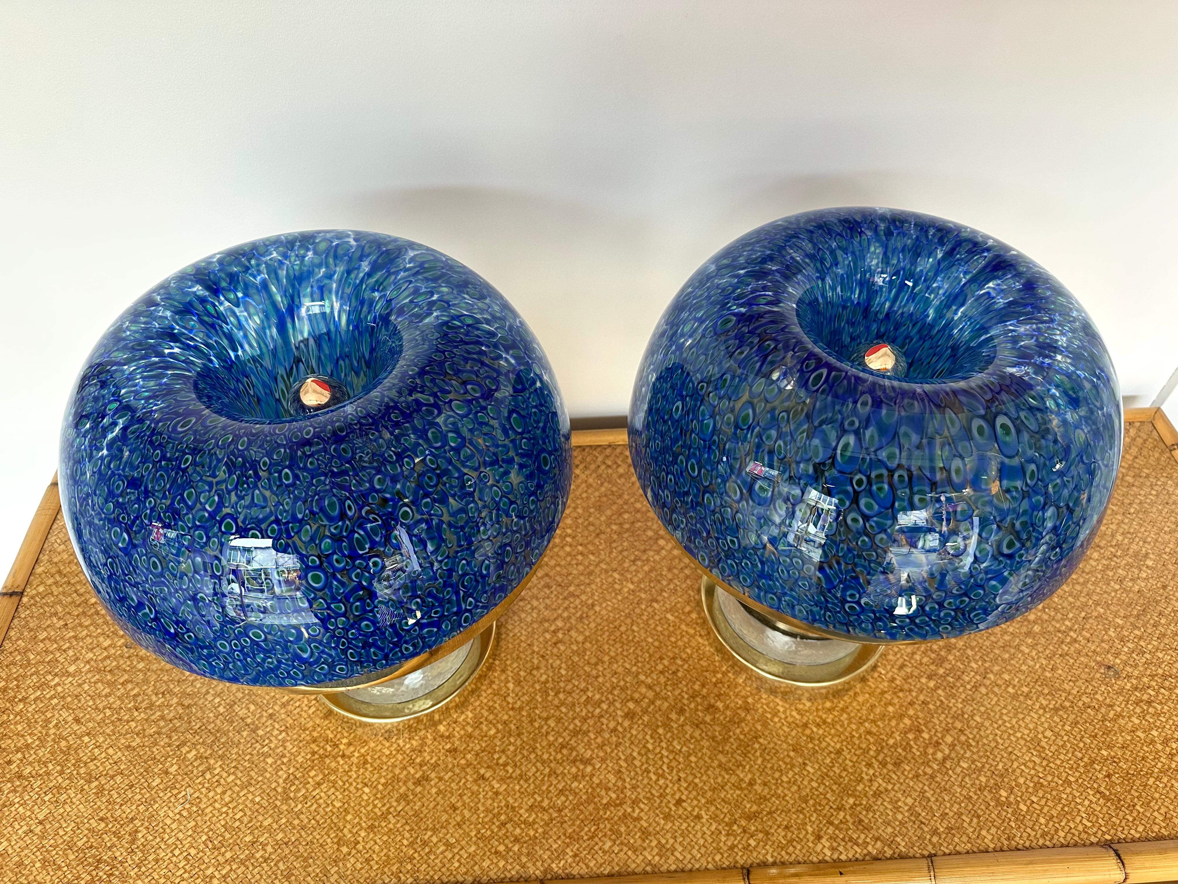 Contemporary Pair of Brass and Blue Murano Glass Mushroom Lamps, Italy 3