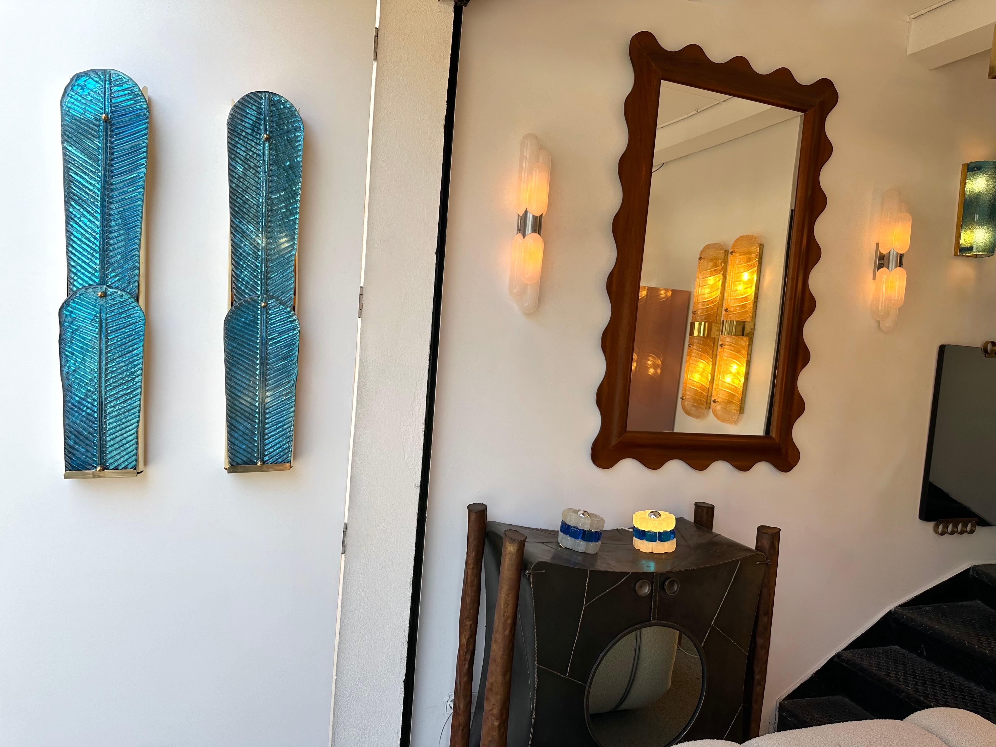 Contemporary Pair of Brass and Blue Murano Glass Palm Tree Sconces, Italy For Sale 7