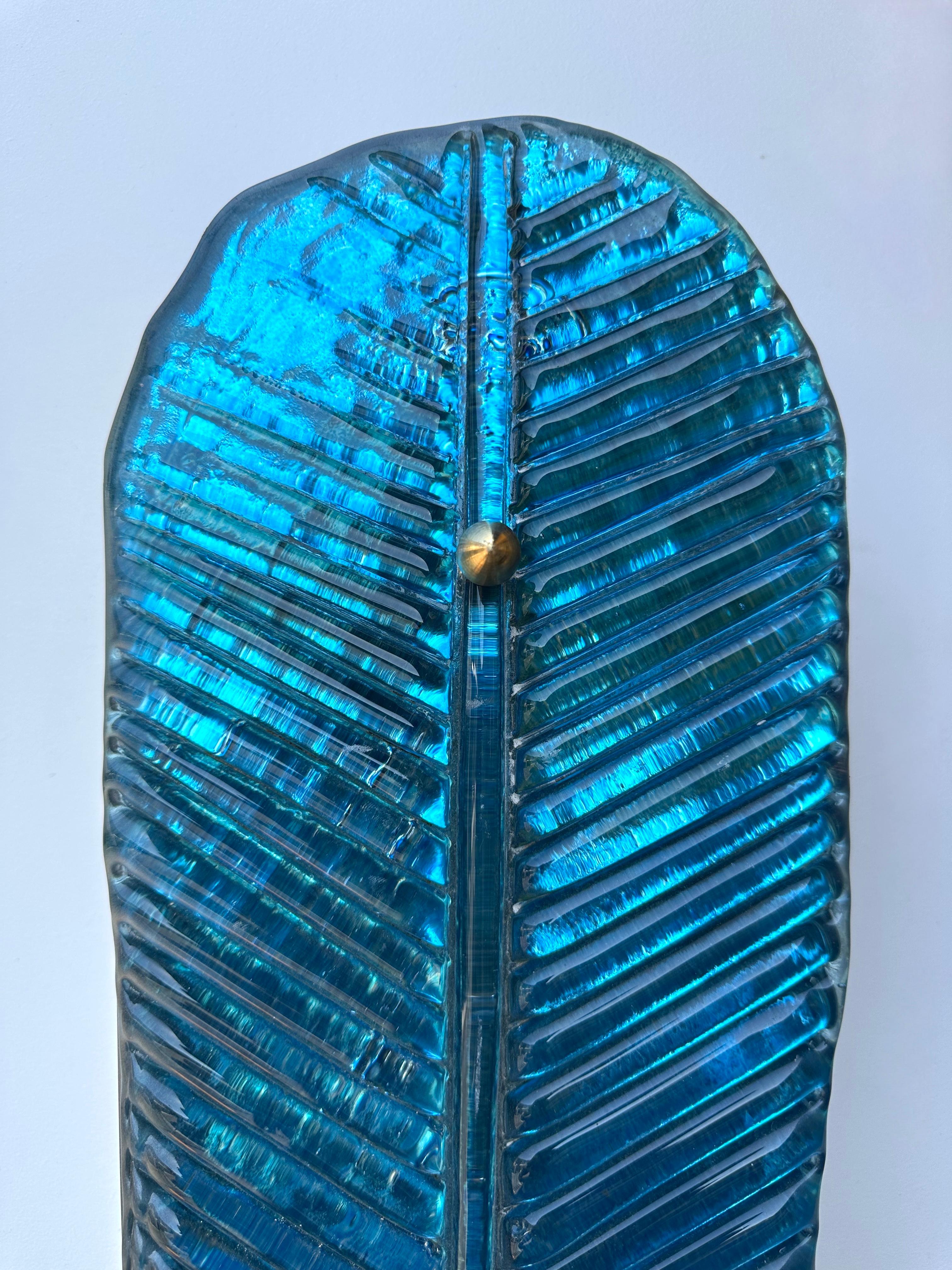 Italian Contemporary Pair of Brass and Blue Murano Glass Palm Tree Sconces, Italy For Sale