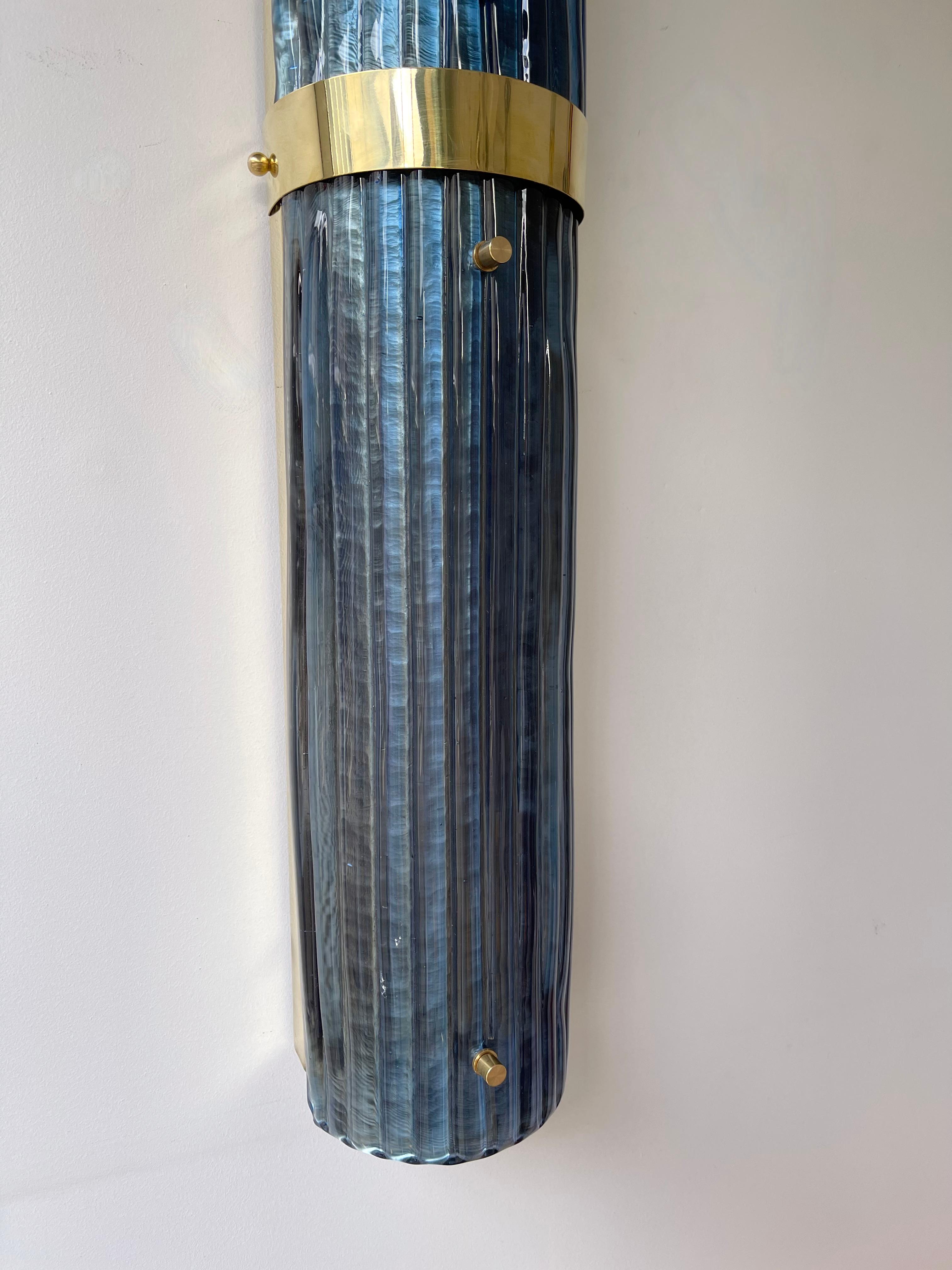 Contemporary Pair of Brass and Blue Murano Glass Sconces, Italy 5