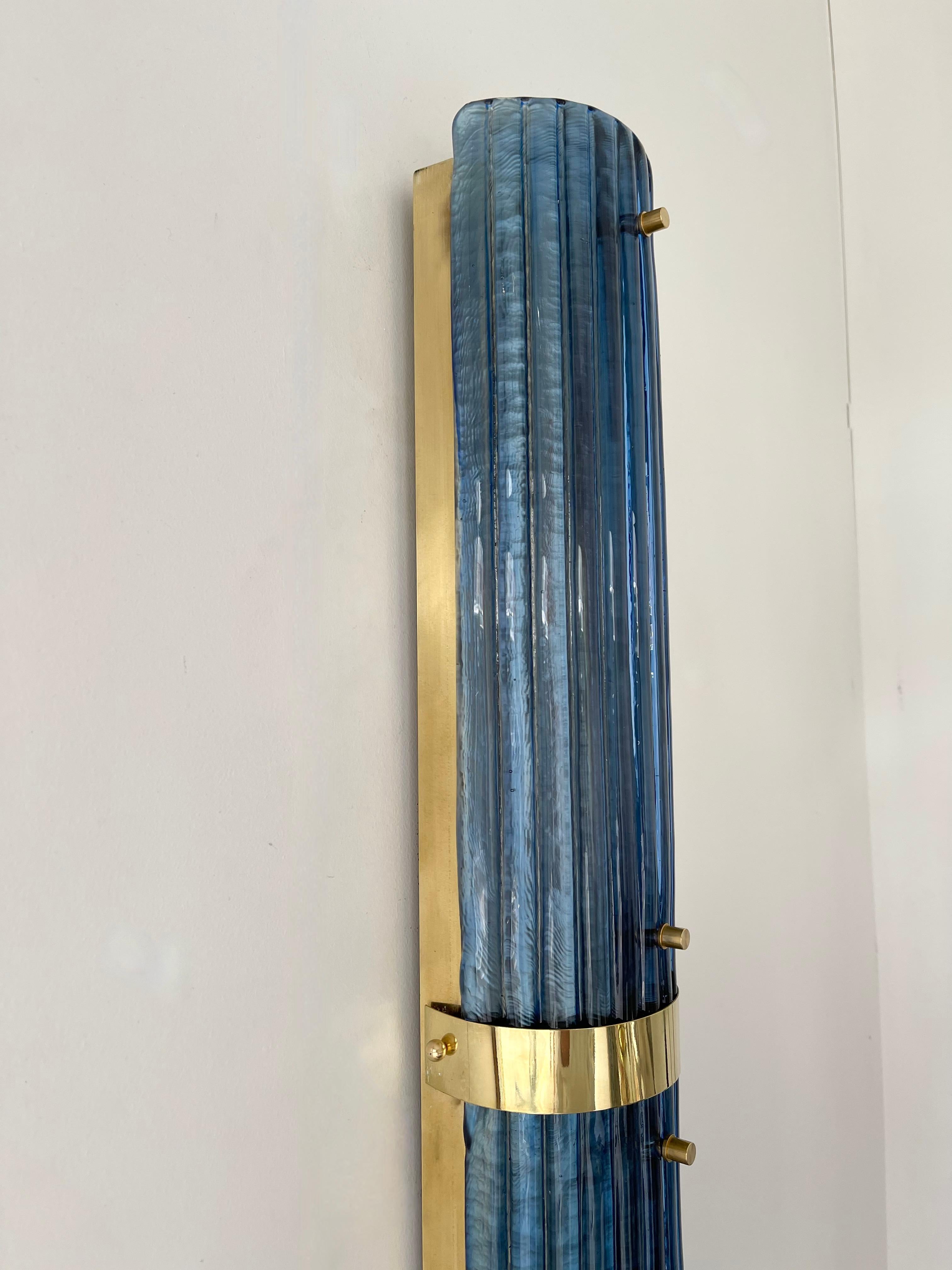 Contemporary Pair of Brass and Blue Murano Glass Sconces, Italy 6
