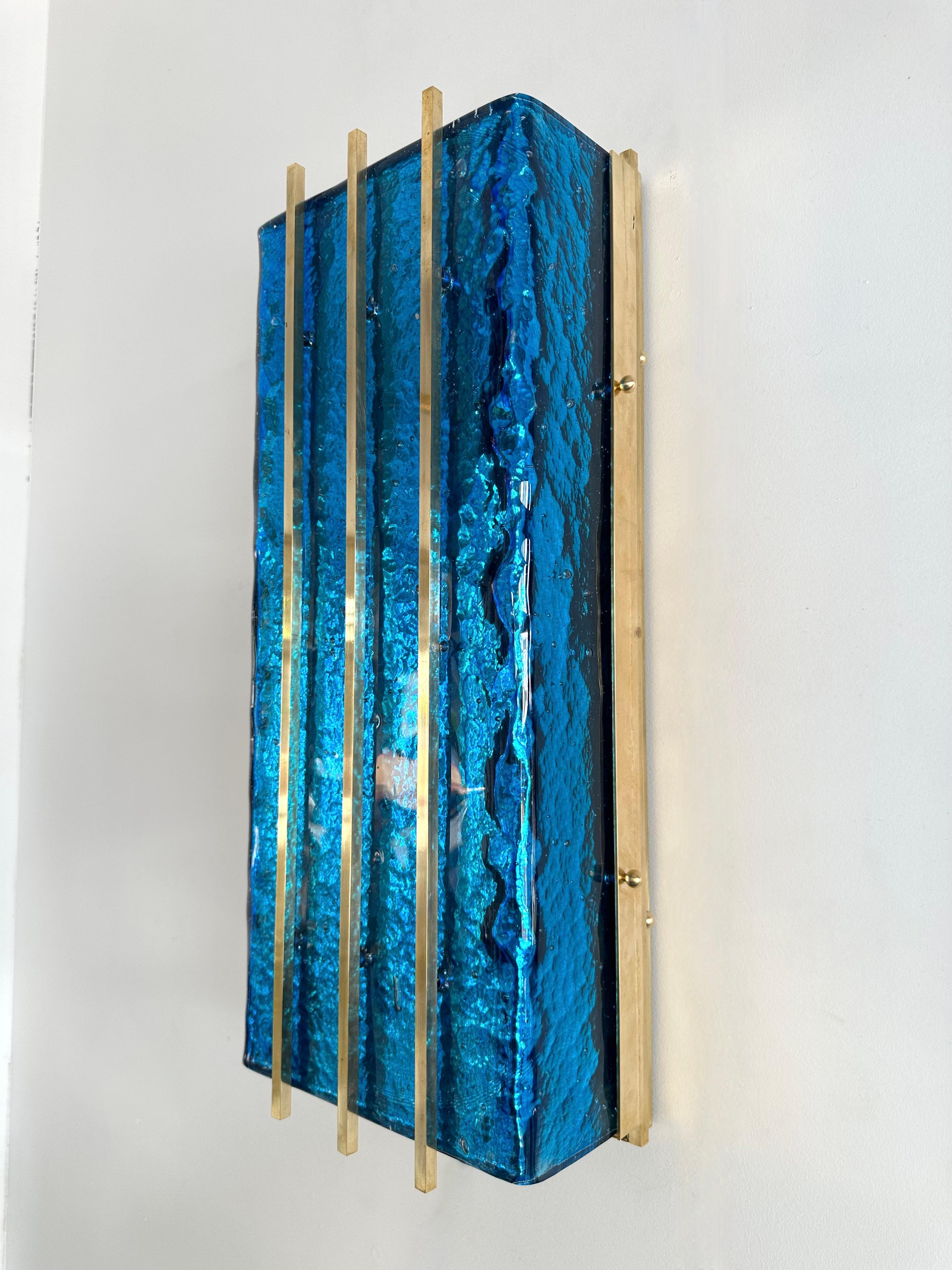 Contemporary Pair of Brass and Blue Murano Glass Sconces, Italy For Sale 7