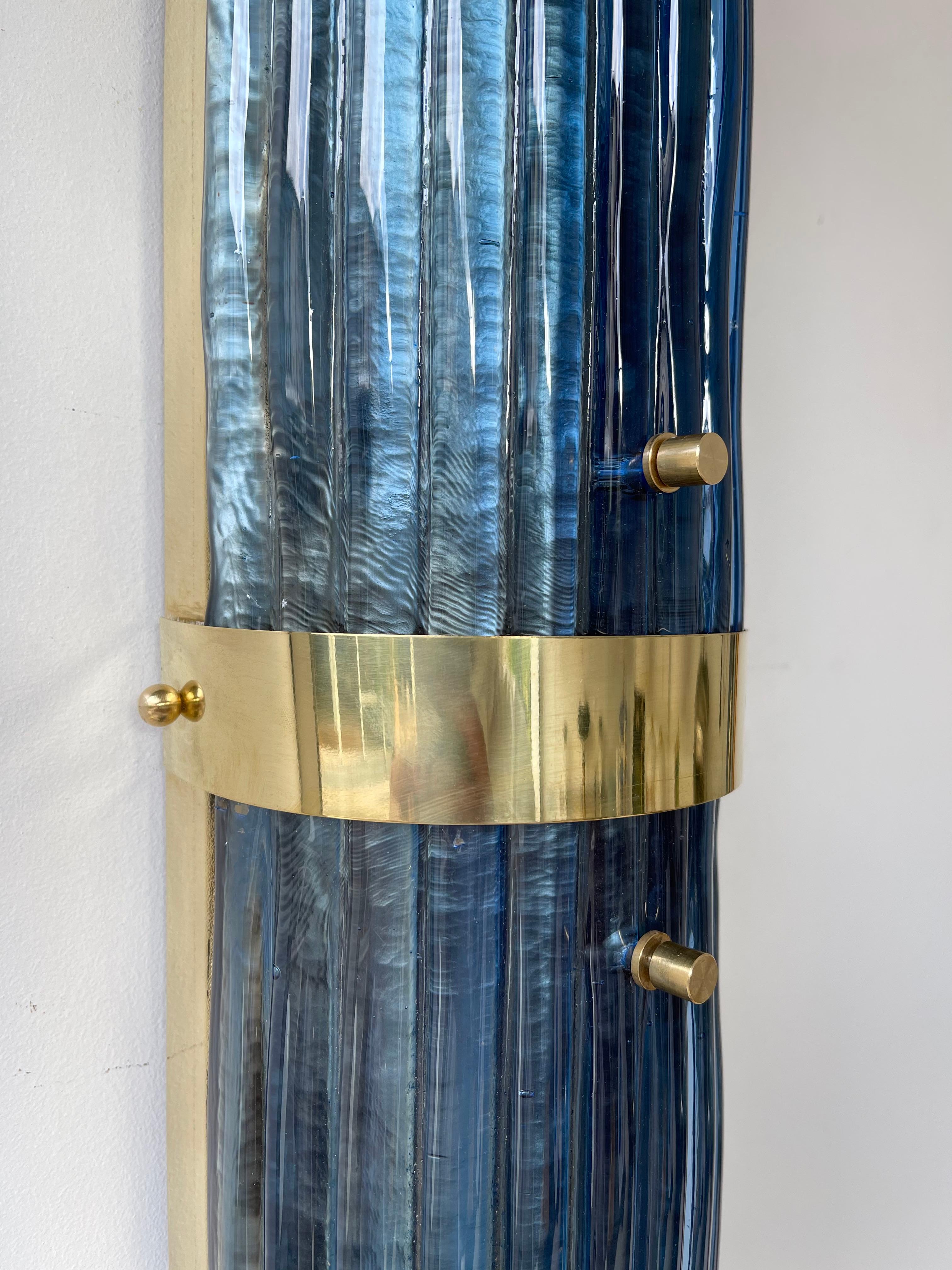 Mid-Century Modern Contemporary Pair of Brass and Blue Murano Glass Sconces, Italy