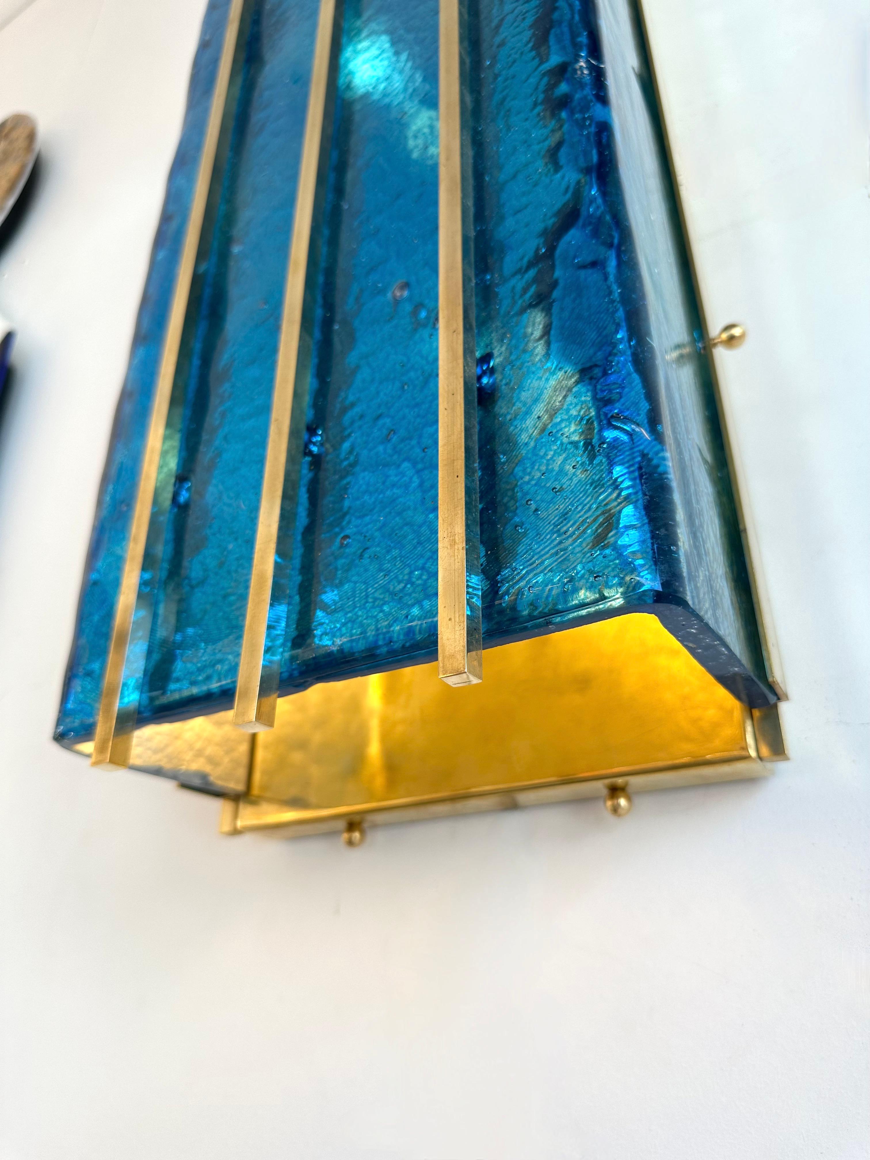 Mid-Century Modern Contemporary Pair of Brass and Blue Murano Glass Sconces, Italy For Sale
