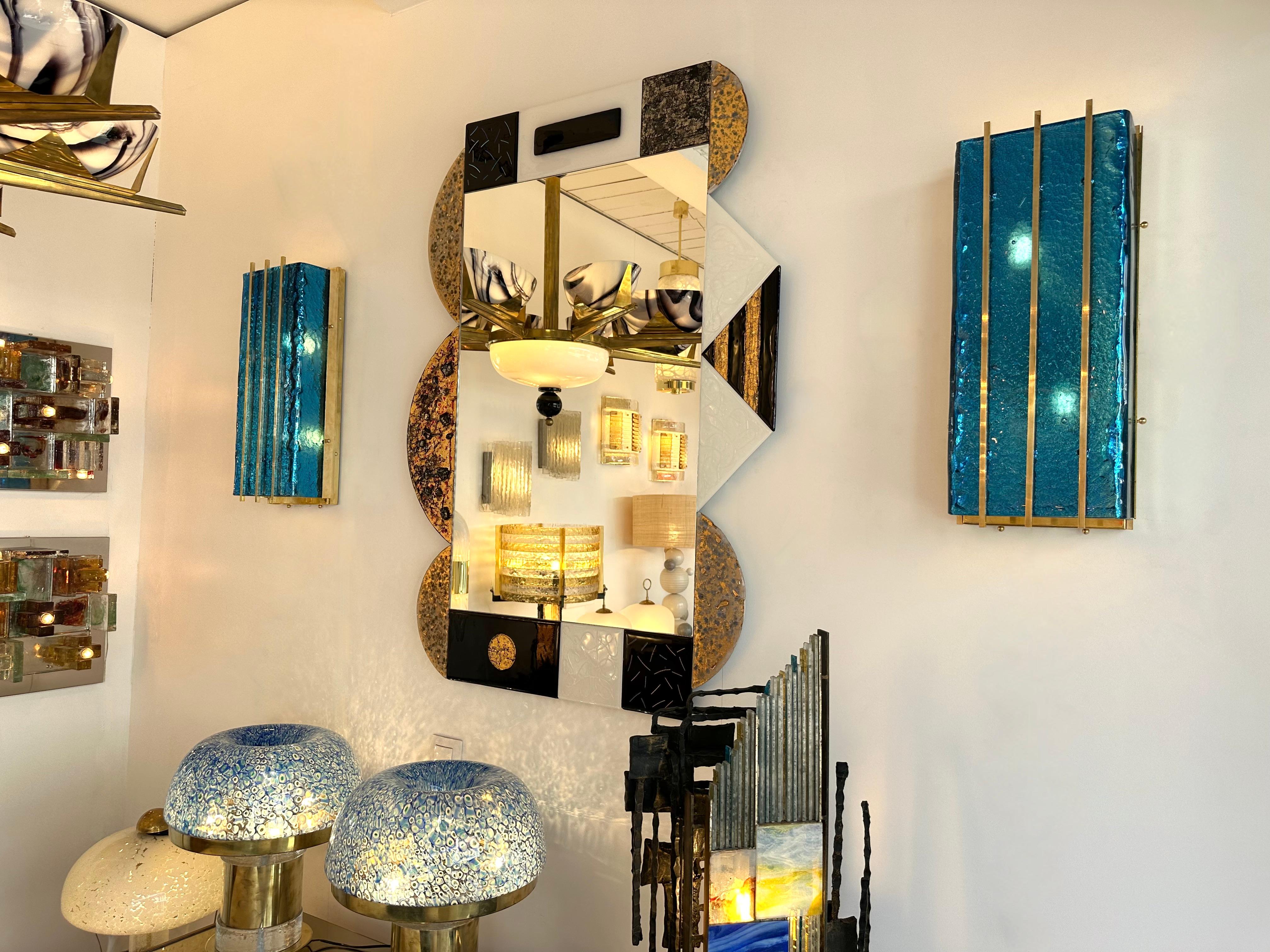 Contemporary Pair of Brass and Blue Murano Glass Sconces, Italy In New Condition For Sale In SAINT-OUEN, FR