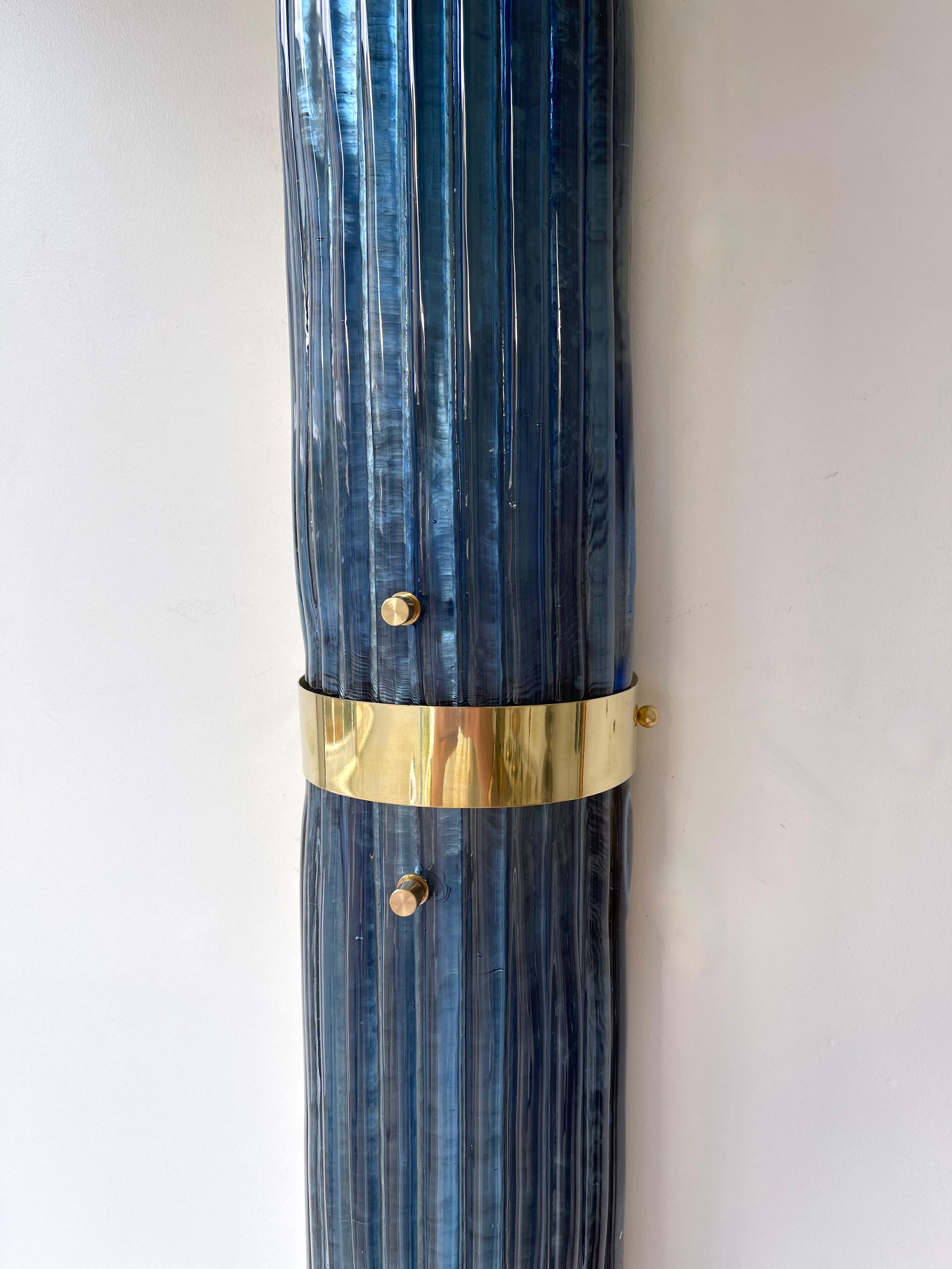 Contemporary Pair of Brass and Blue Murano Glass Sconces, Italy 2