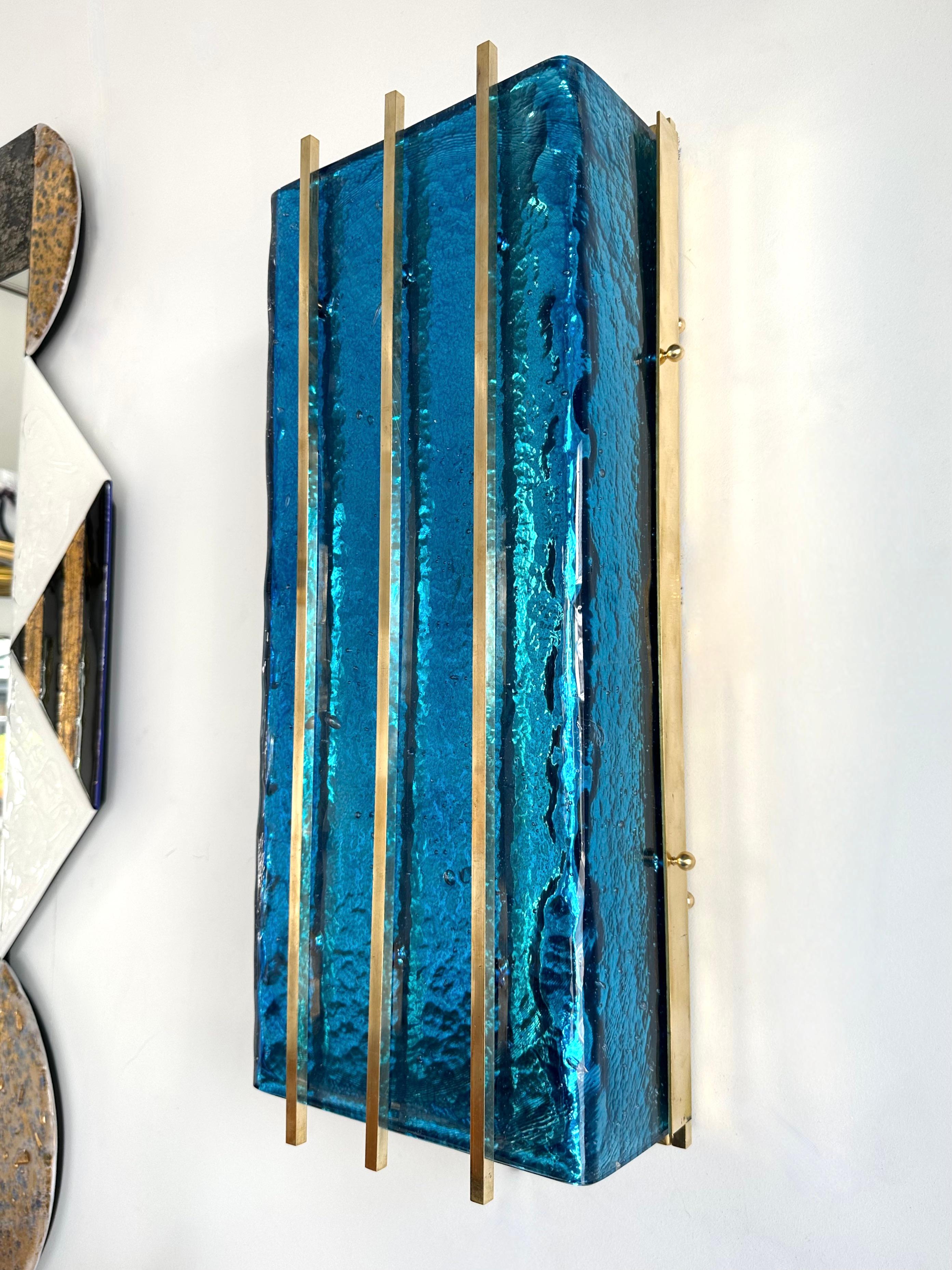 Contemporary Pair of Brass and Blue Murano Glass Sconces, Italy For Sale 2