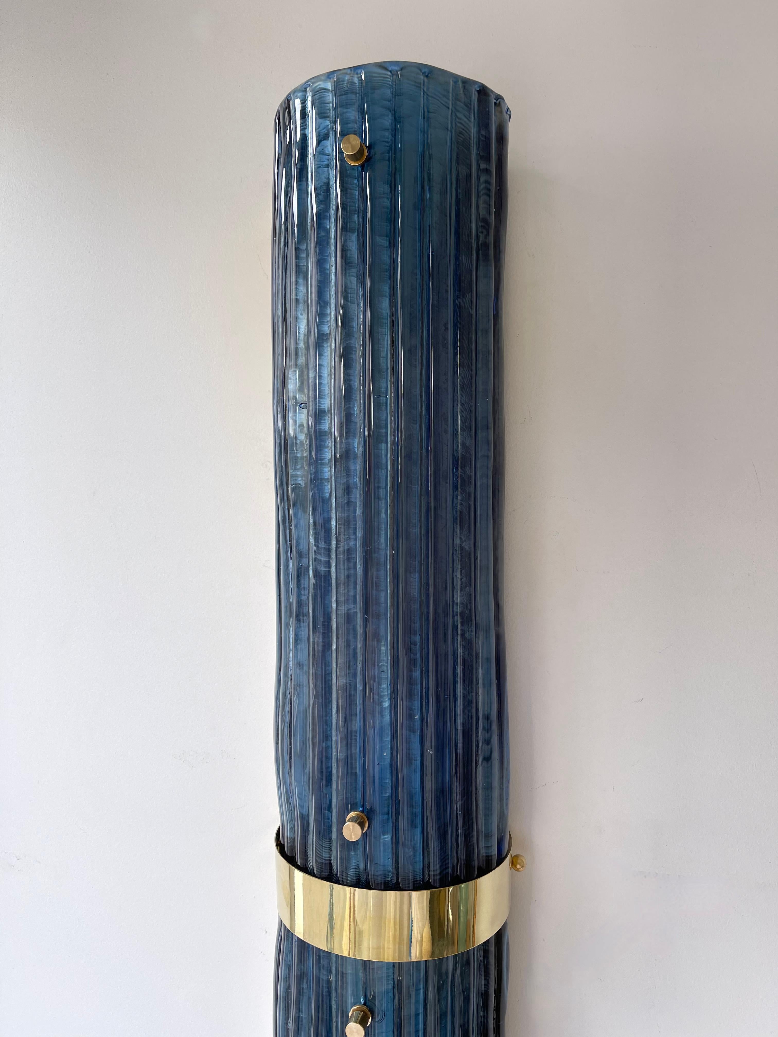 Contemporary Pair of Brass and Blue Murano Glass Sconces, Italy 3