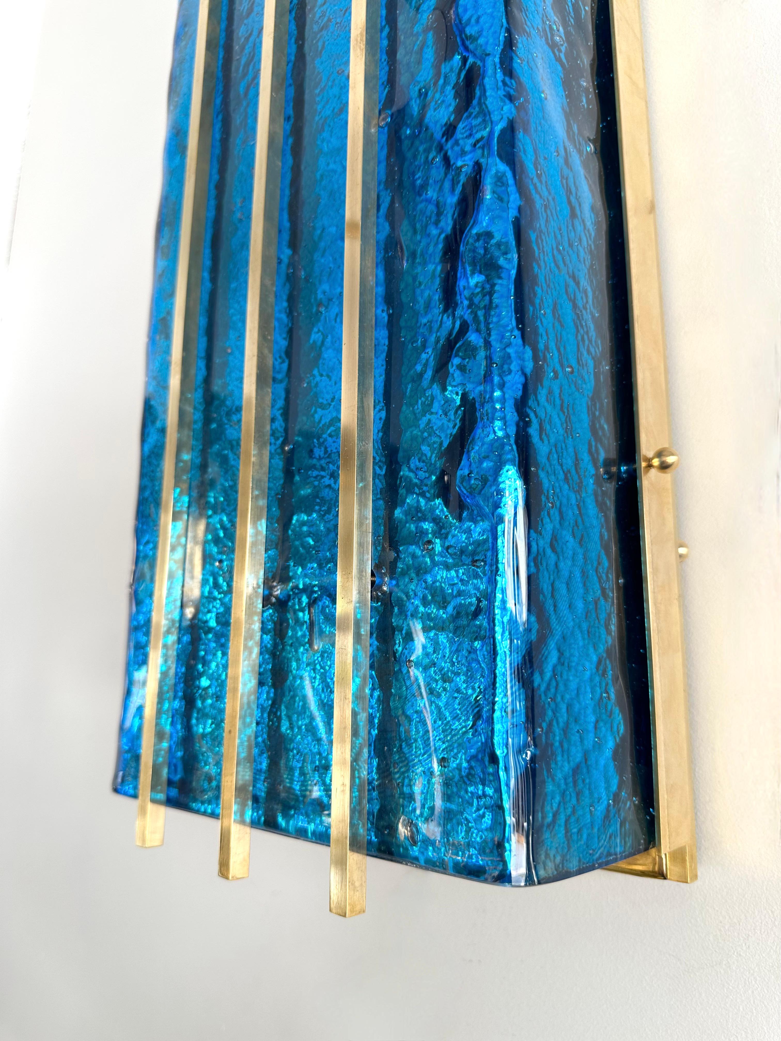 Contemporary Pair of Brass and Blue Murano Glass Sconces, Italy For Sale 3