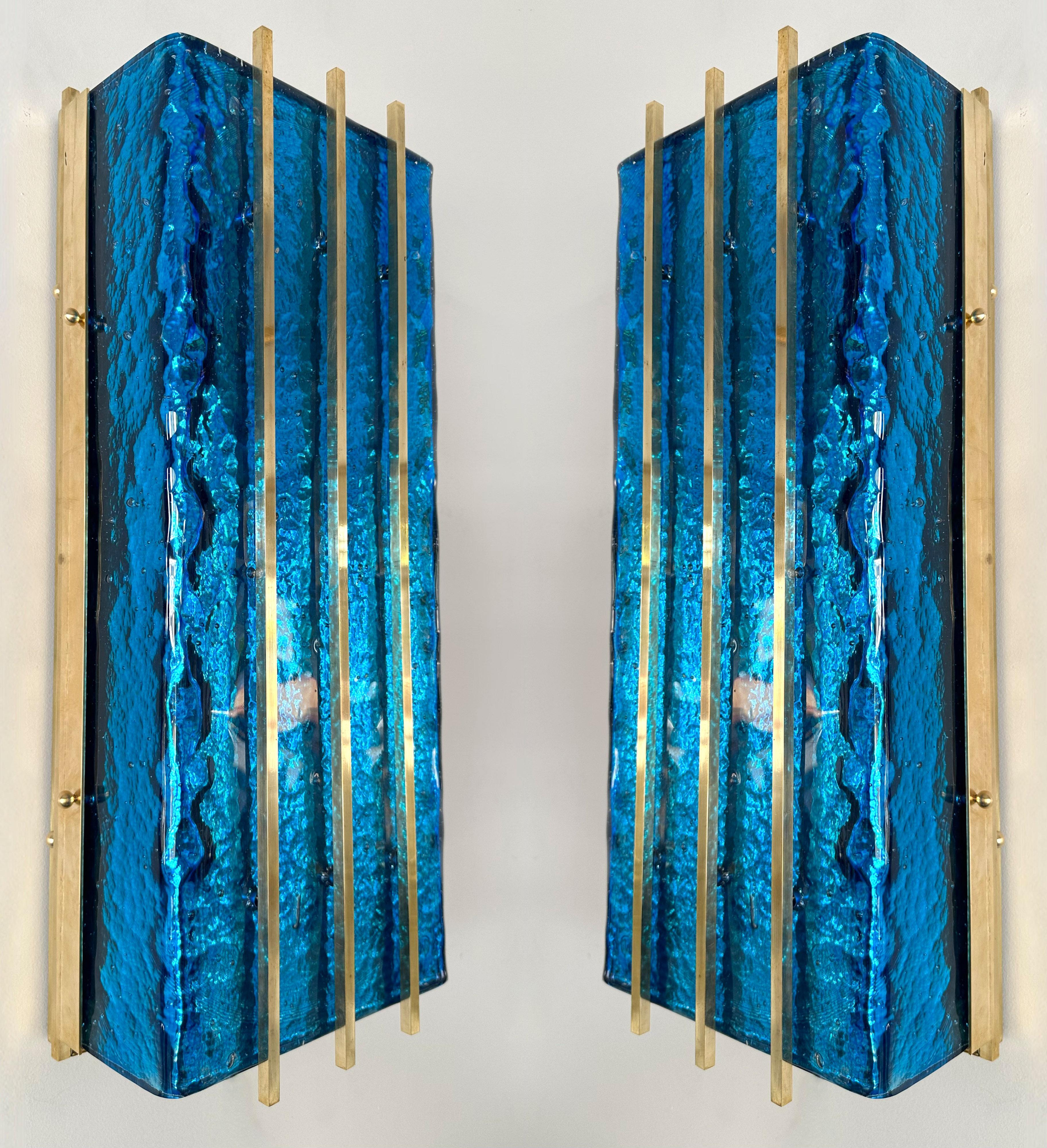Contemporary Pair of Brass and Blue Murano Glass Sconces, Italy For Sale 4