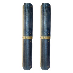 Contemporary Pair of Brass and Blue Murano Glass Sconces, Italy