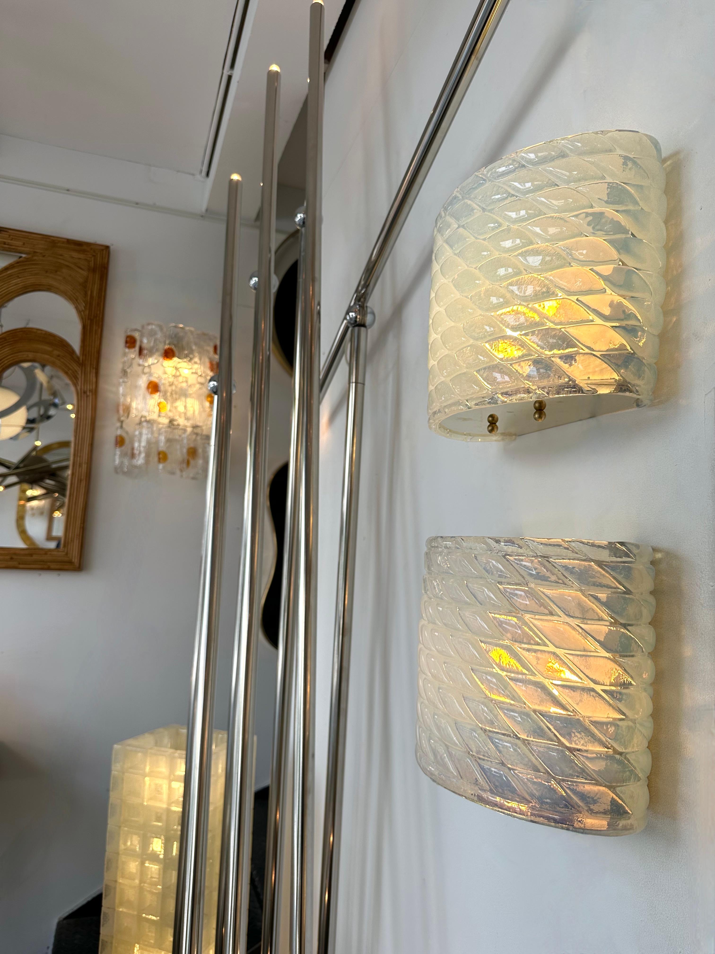 Pair of brass and blue Murano glass wall lights lightning pannel lamps sconces. Contemporary work from a small artisanal italian design workshop. In the mood of Mid-Century Modern, Hollywood Regency palm tree, Venini, Mazzega, La Murrina, Veronese,