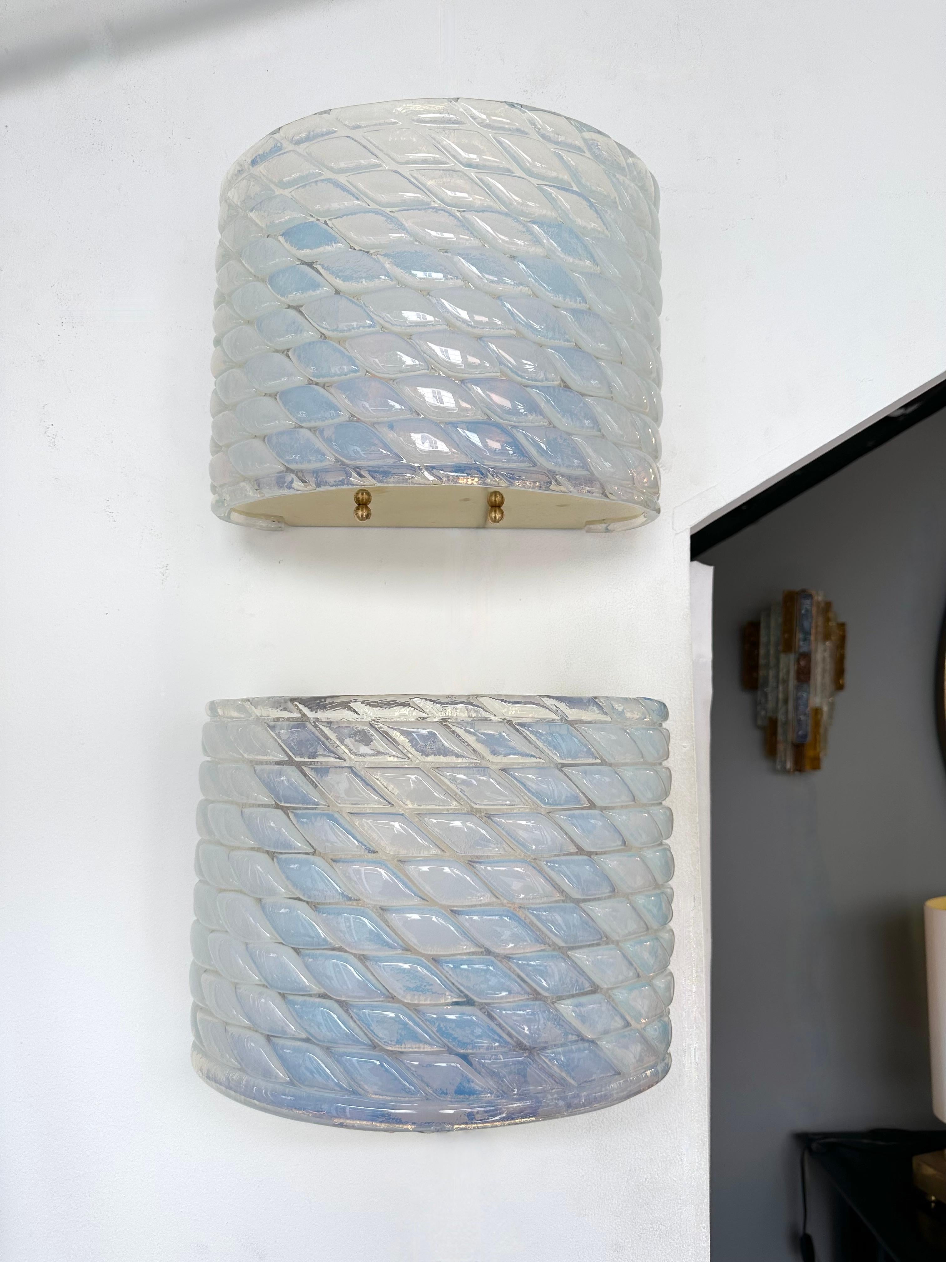 Italian Contemporary Pair of Brass and Blue Opal Murano Glass Sconces, Italy For Sale