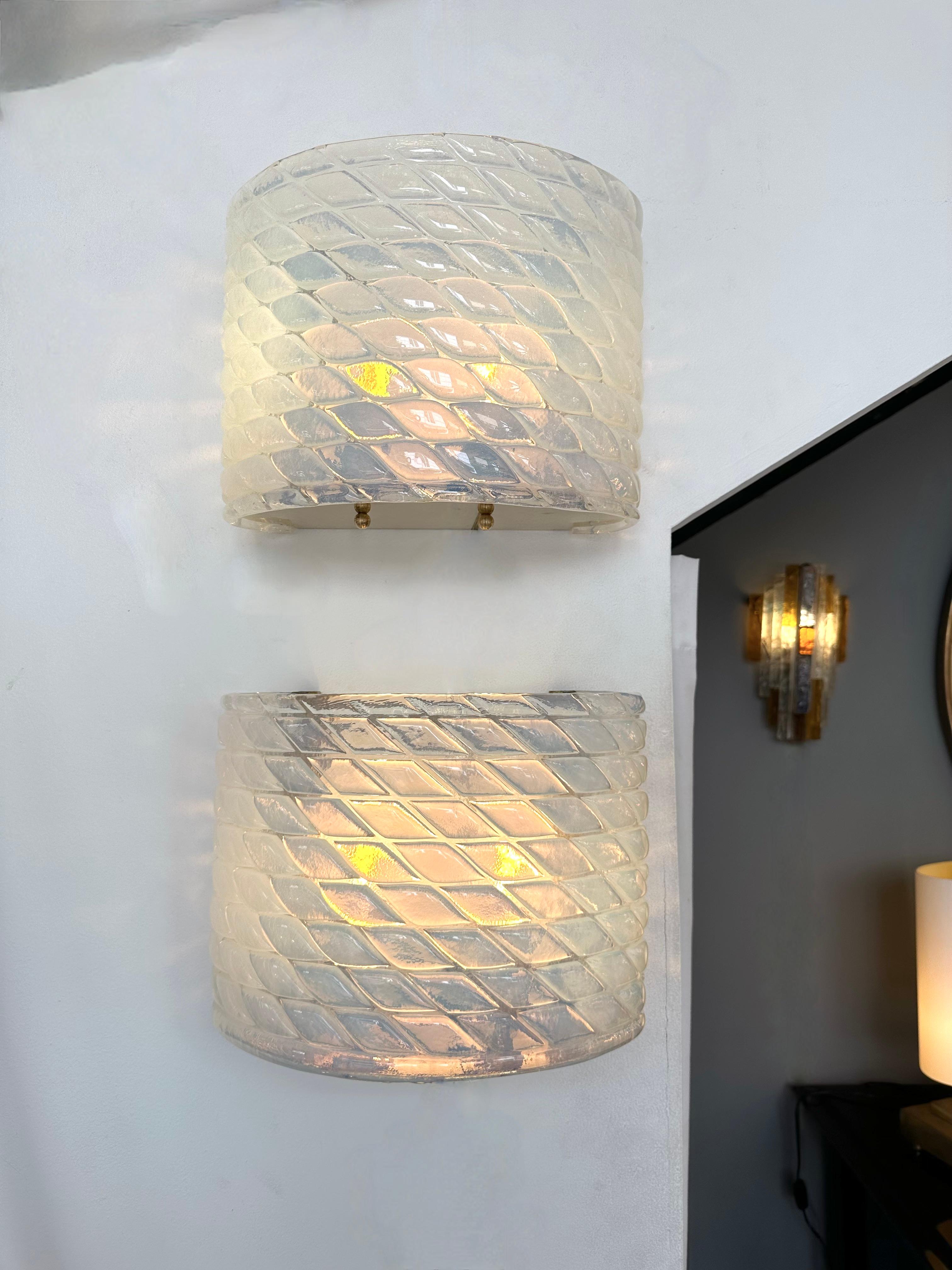 Contemporary Pair of Brass and Blue Opal Murano Glass Sconces, Italy In New Condition For Sale In SAINT-OUEN, FR