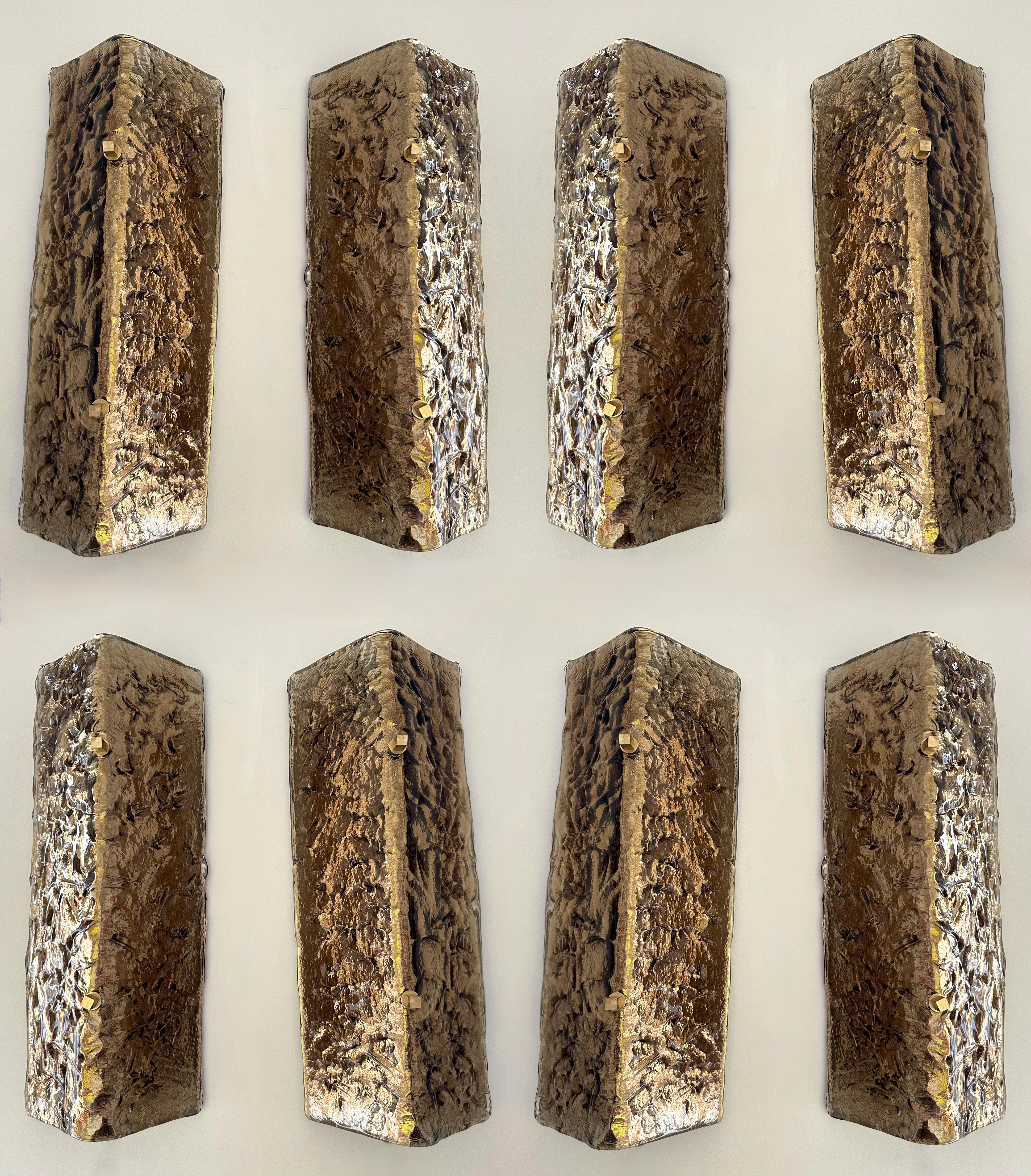 Pair of set of 2 brass and brown cola folded leaf pressed Murano glass, wall lights lightning pannel lamps sconces. Contemporary work from a small artisanal italian design workshop, minor imperfections due to handmade. In the mood of Mid-Century