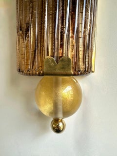Contemporary Pair of Brass and Cola Gold Leaf Murano Glass Sconces, Italy