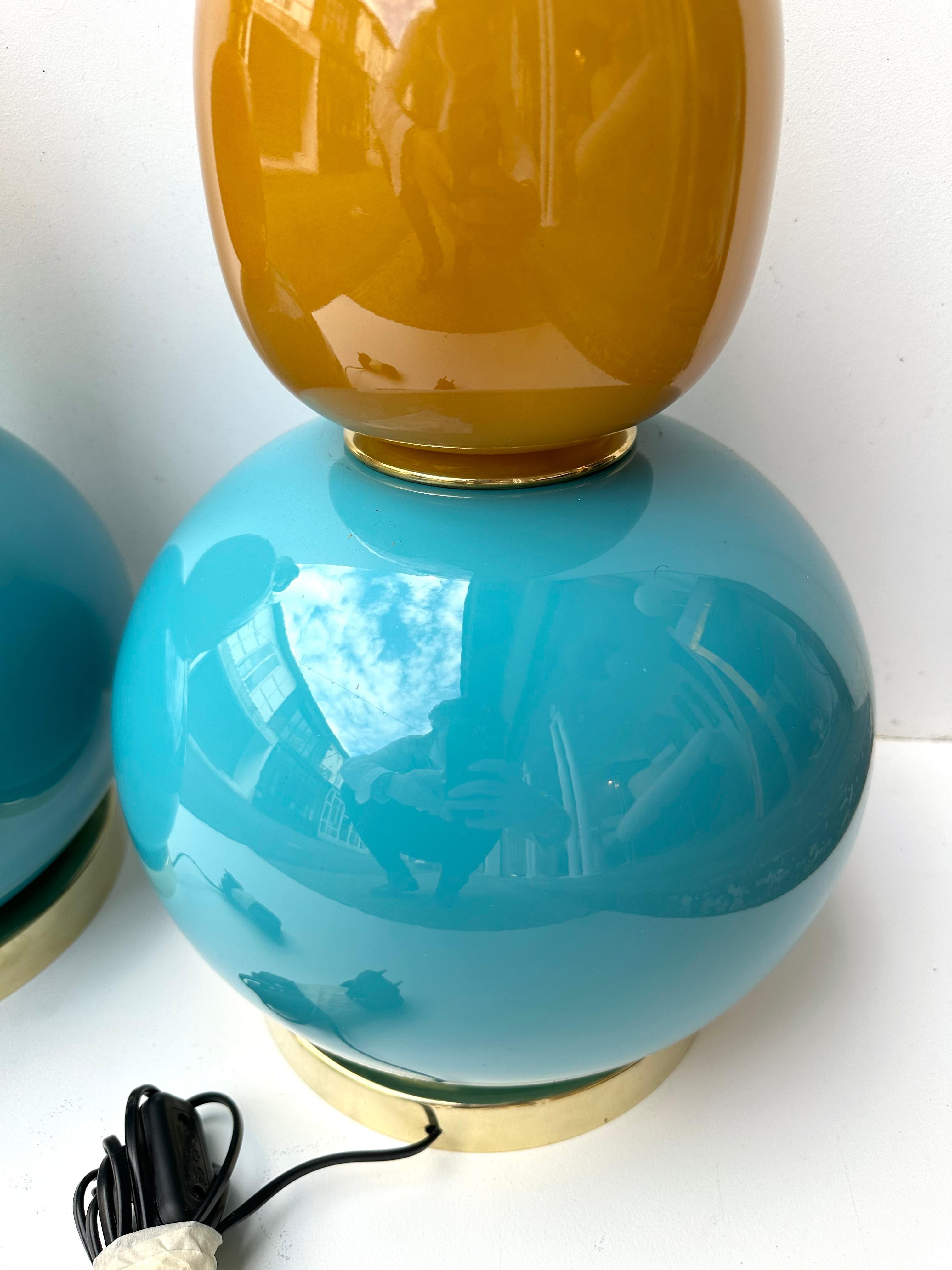 Contemporary Pair of Brass and Colored Bulb Murano Glass Lamps, Italy For Sale 8