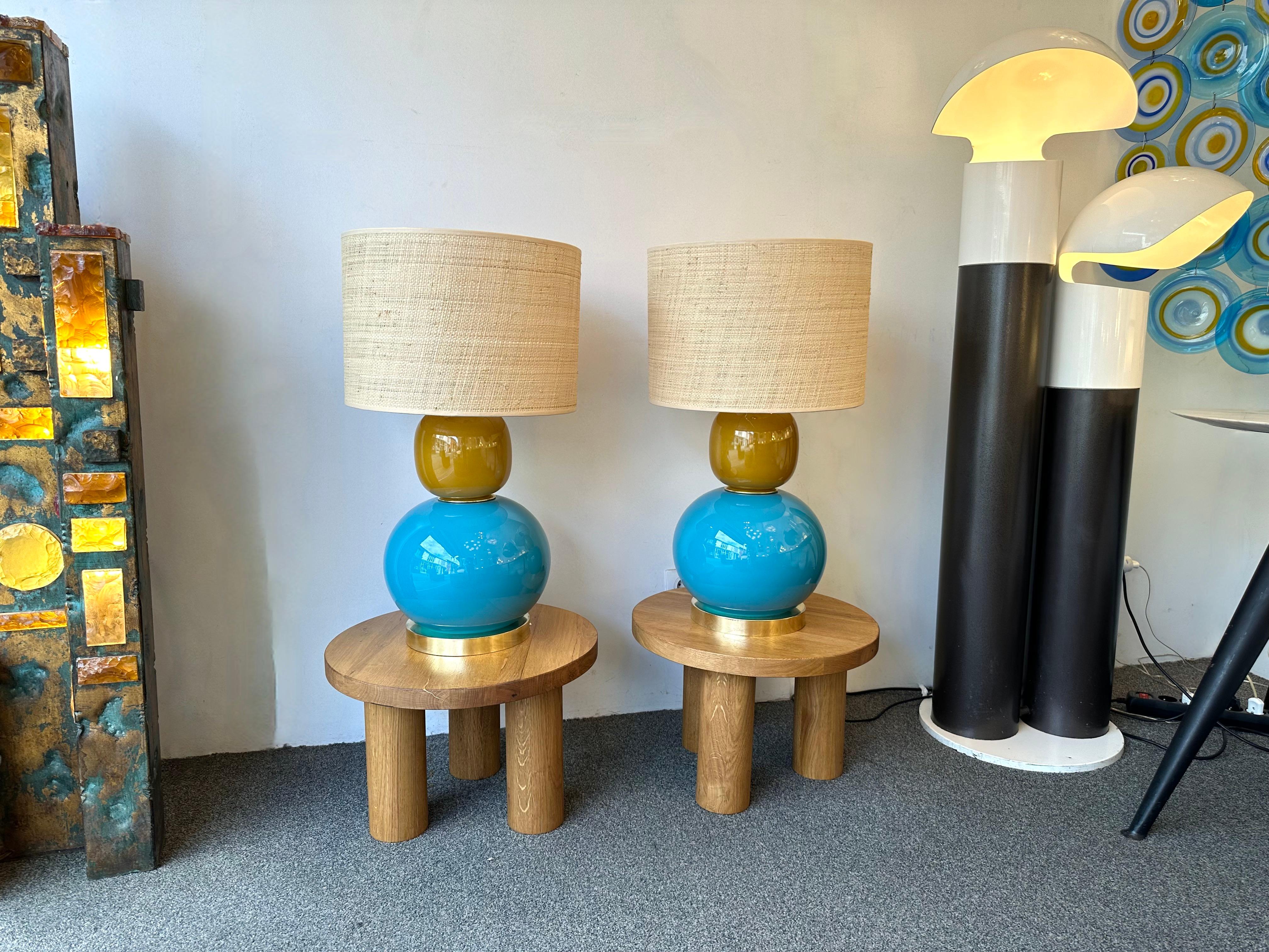 Mid-Century Modern Contemporary Pair of Brass and Colored Bulb Murano Glass Lamps, Italy For Sale