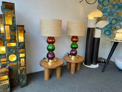 Contemporary Pair of Brass and Colored Mirrored Murano Glass Lamps, Italy
