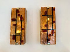 Contemporary Pair of Brass and Coral Murano Glass Sconces, Italy