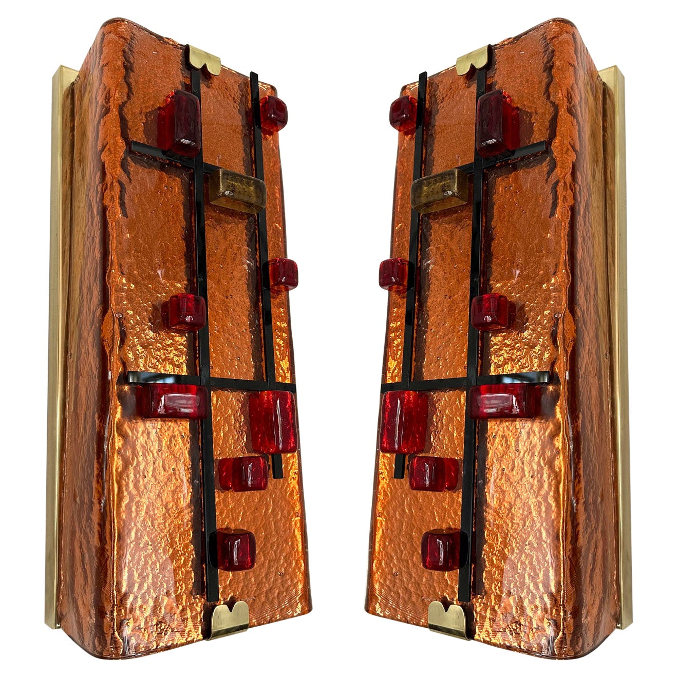 Contemporary Pair of Brass and Coral Murano Glass Sconces, Italy