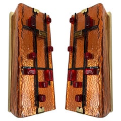 Contemporary Pair of Brass and Coral Murano Glass Sconces, Italy