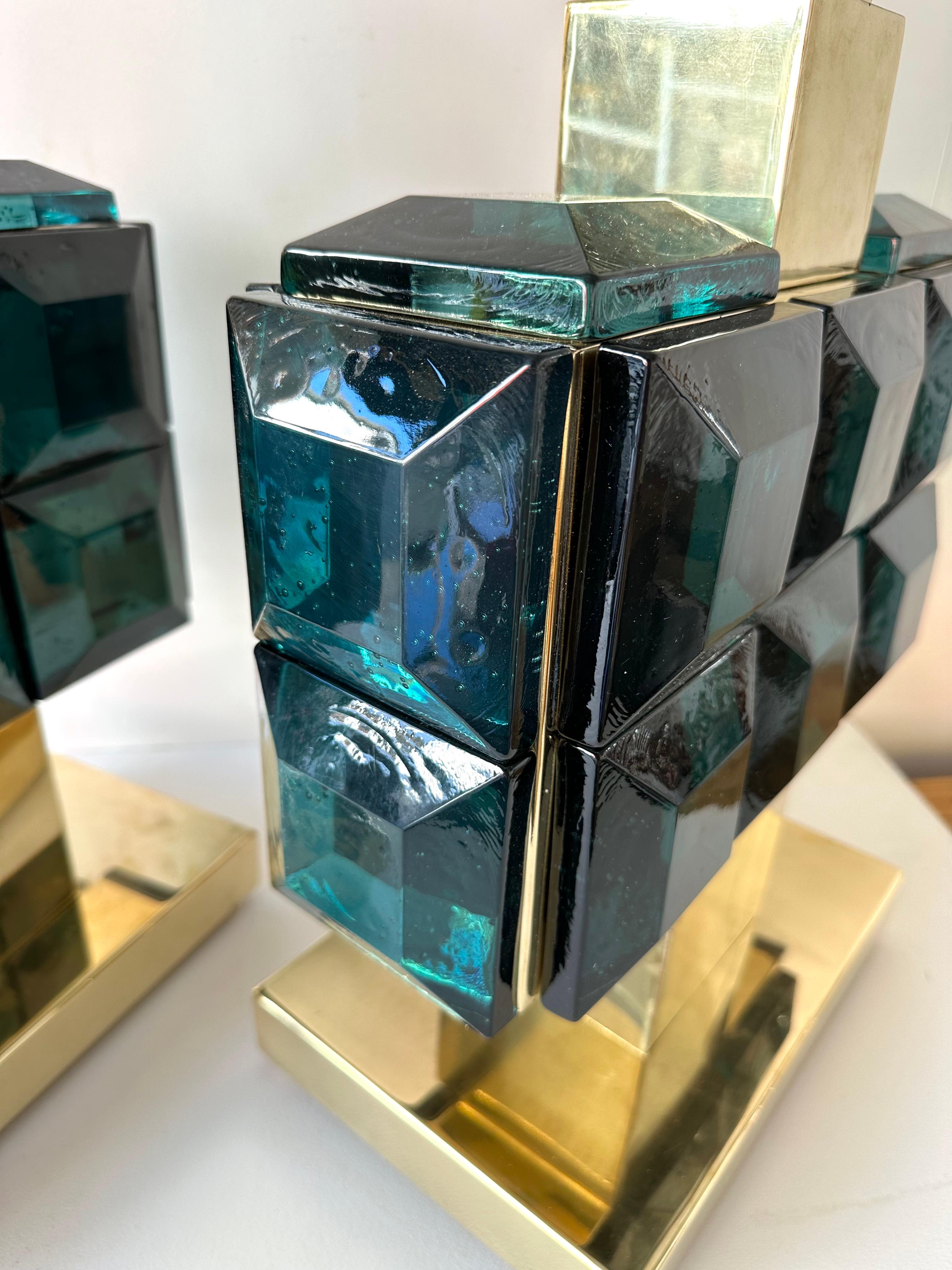 Contemporary Pair of Brass and Diamonds Murano Glass Lamps, Italy For Sale 6