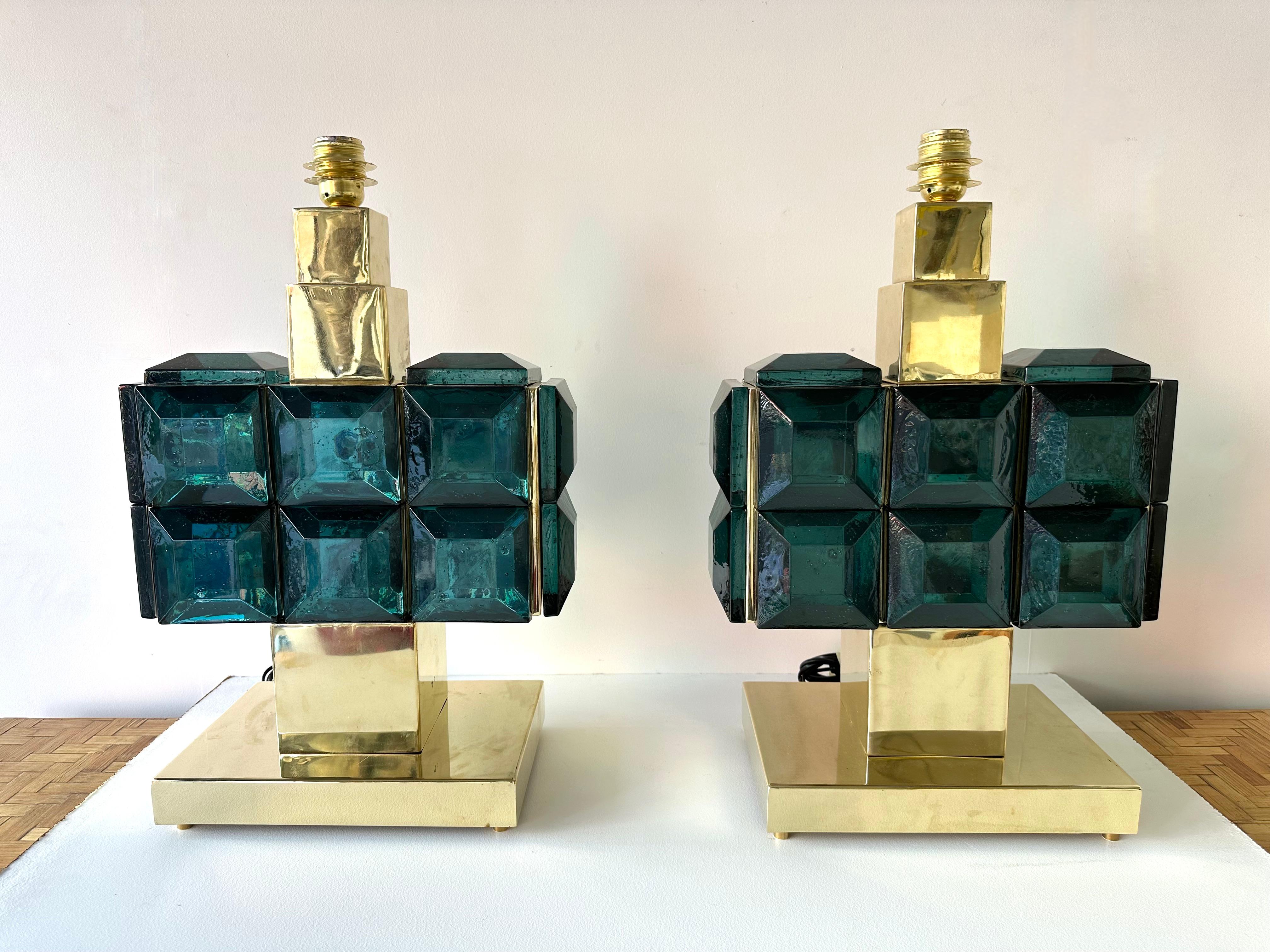 Italian Contemporary Pair of Brass and Diamonds Murano Glass Lamps, Italy For Sale