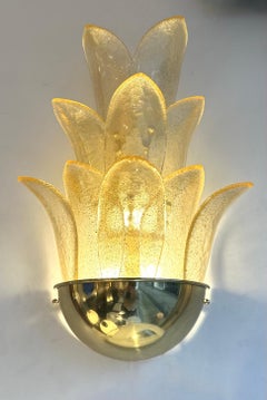 Contemporary Pair of Brass and Gilt Murano Glass Palm Tree Sconces, Italy