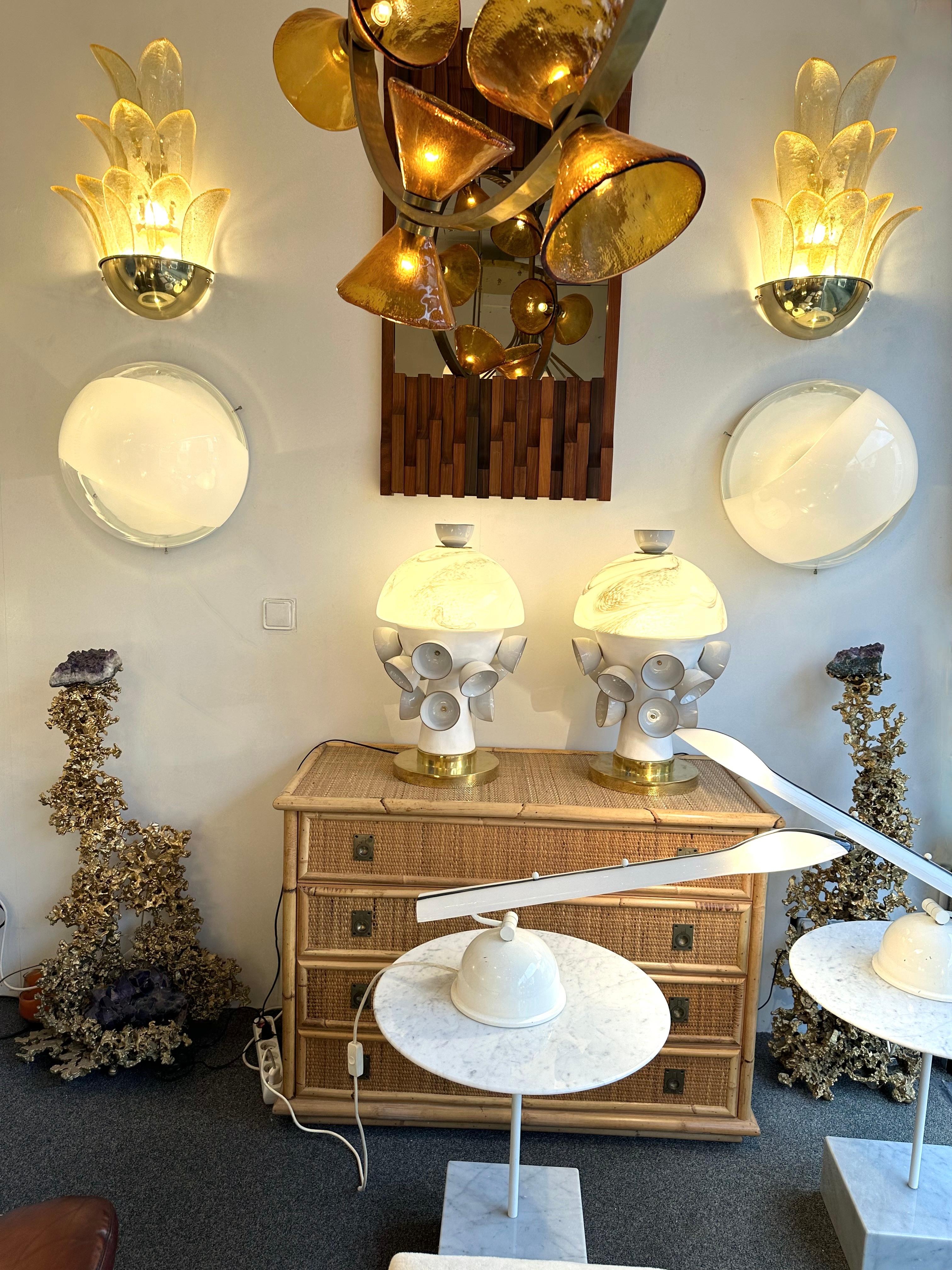 Italian Contemporary Pair of Brass and Gilt Murano Glass Palm Tree Sconces, Italy For Sale